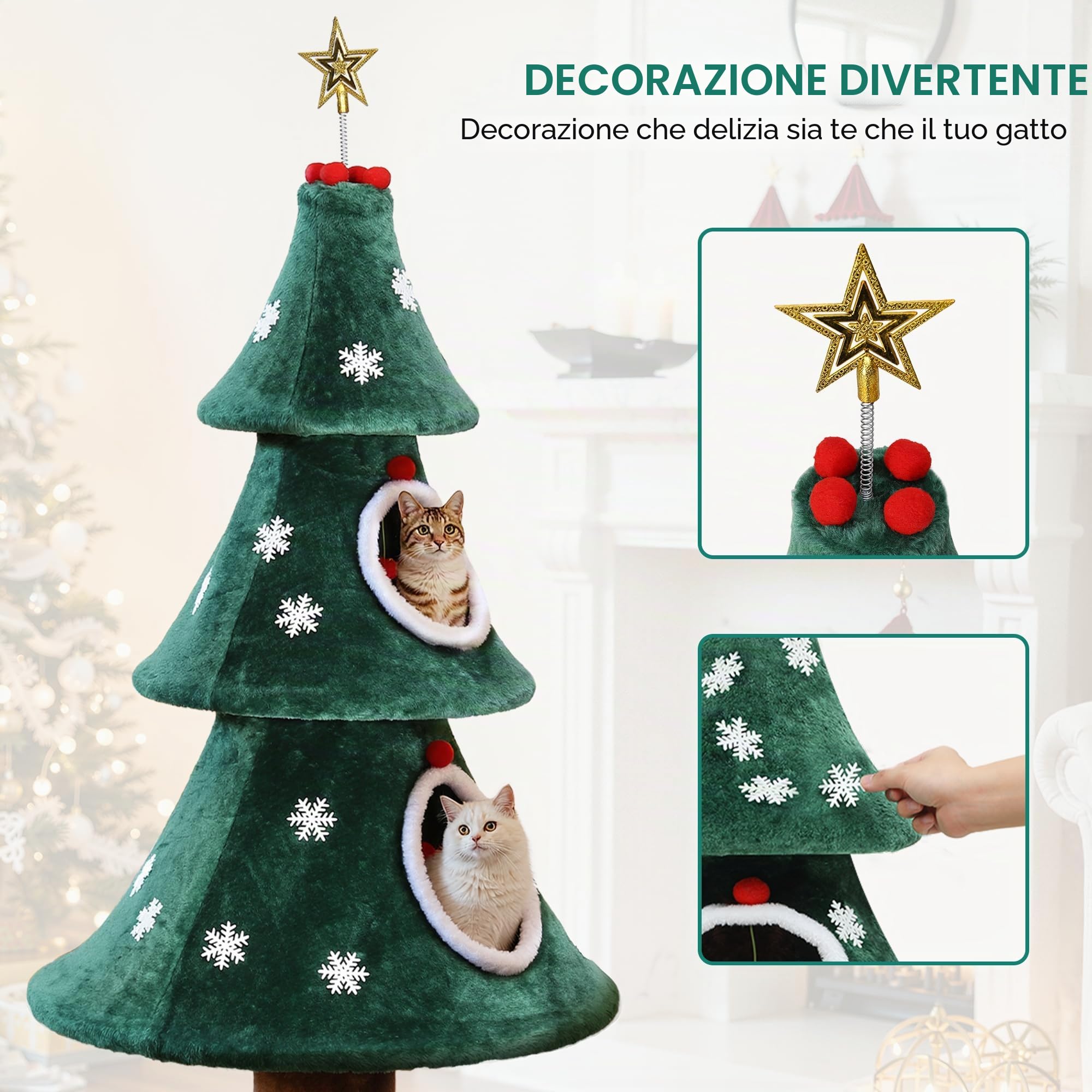 YITAHOME Albero di Natale grande con 2 ripiani, casa per gatti da 132 cm, colonne tiragraffi, centro attivo per gattini e decorazioni natalizie in verde