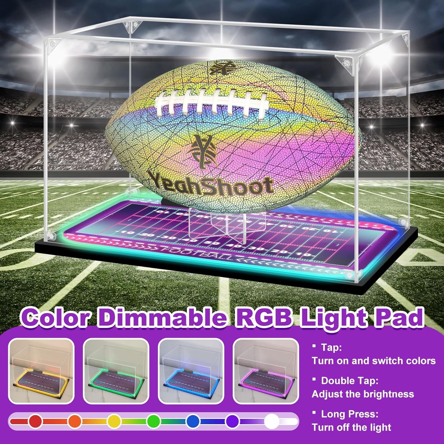 Football Display Case with RGB LED, Removable Built-in Football Display Stand, UV Protected, Acrylic Clear Box for Football Fans & Collectors, Sports Collectibles(13.0*7.9*8.3 inch)
