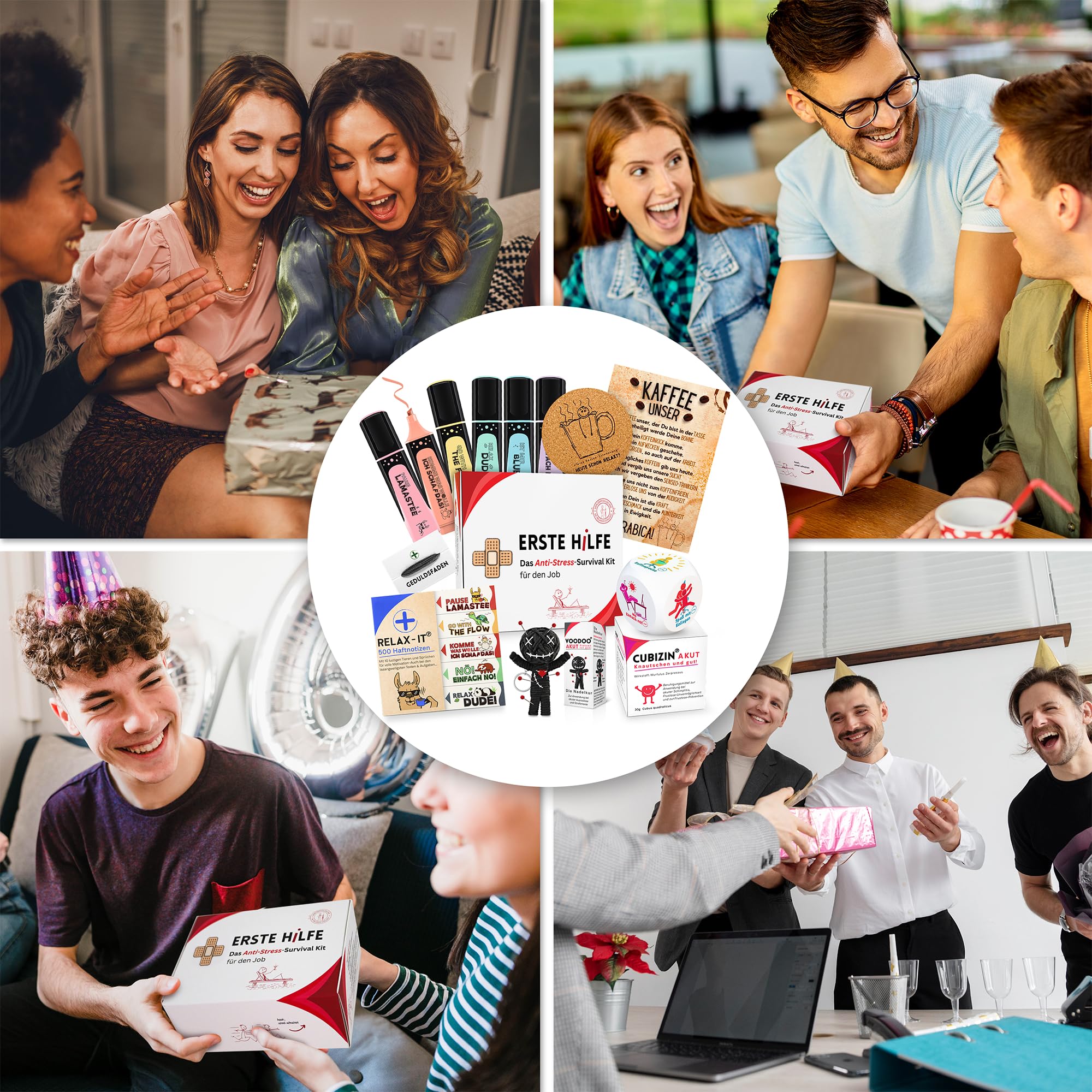 GLÜCKSGUT® Geschenkbox | ERSTE Hilfe für den Job | Lustige Bürobox mit 6 witzigen Helfern | Geschenk Kollegen, Chef, Abschied | Voodoo Puppe, Anti Stress Würfel, Textmarker, Post it´s, Geduldsfaden