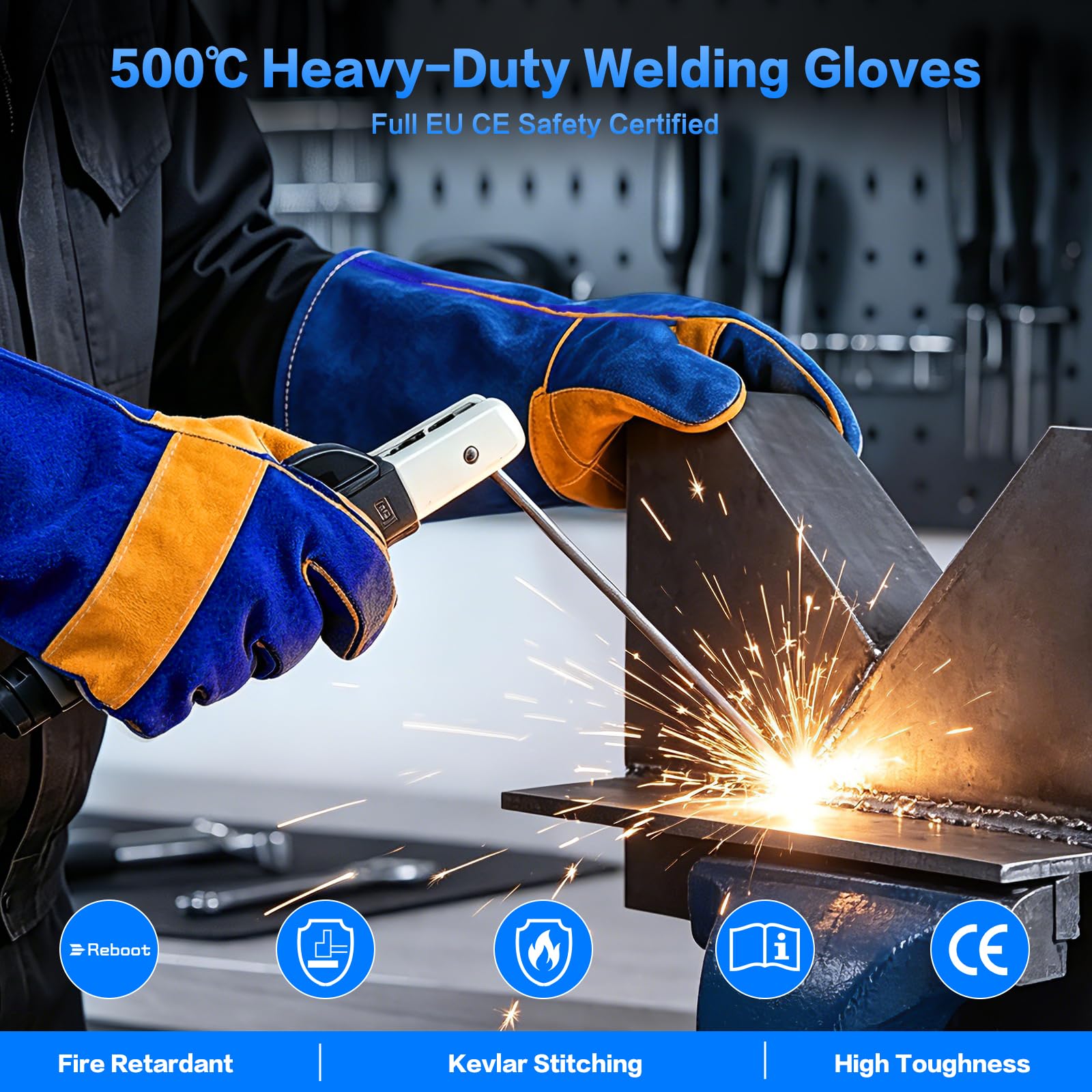 Reboot Guantes de Soldadura, Cuero Resistente 500°C, Protección Antebrazo 38 cm, Costuras Dobles Reforzadas para MIG TIG Electrodo Barbacoa Forja – Azul