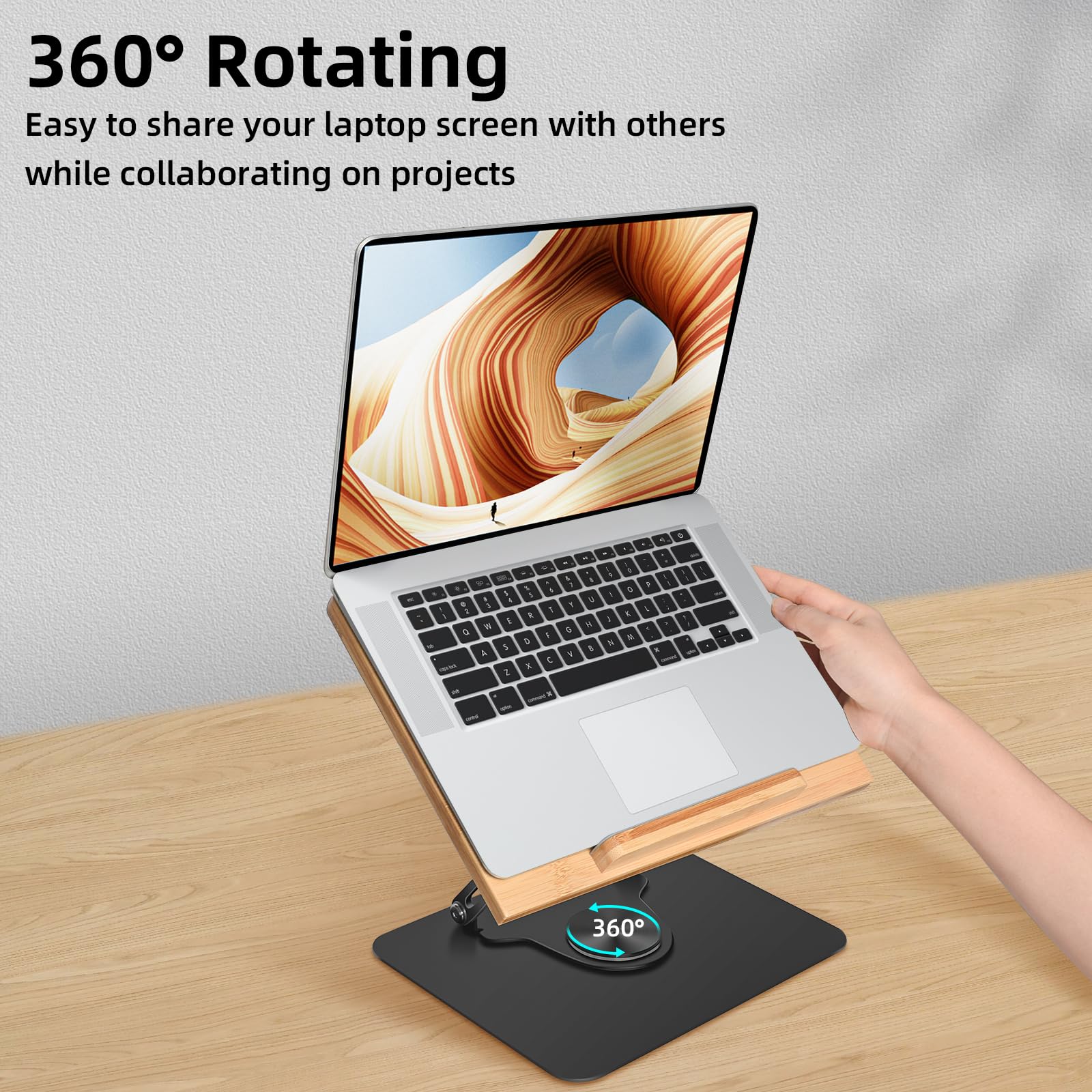 wishacc Supporto regolabile per laptop con base rotante a 360, supporto per computer portatile Ergonimic pieghevole per scrivania compatibile con MacBook Pro/Air fino a 16 pollici, legno di bambù (28