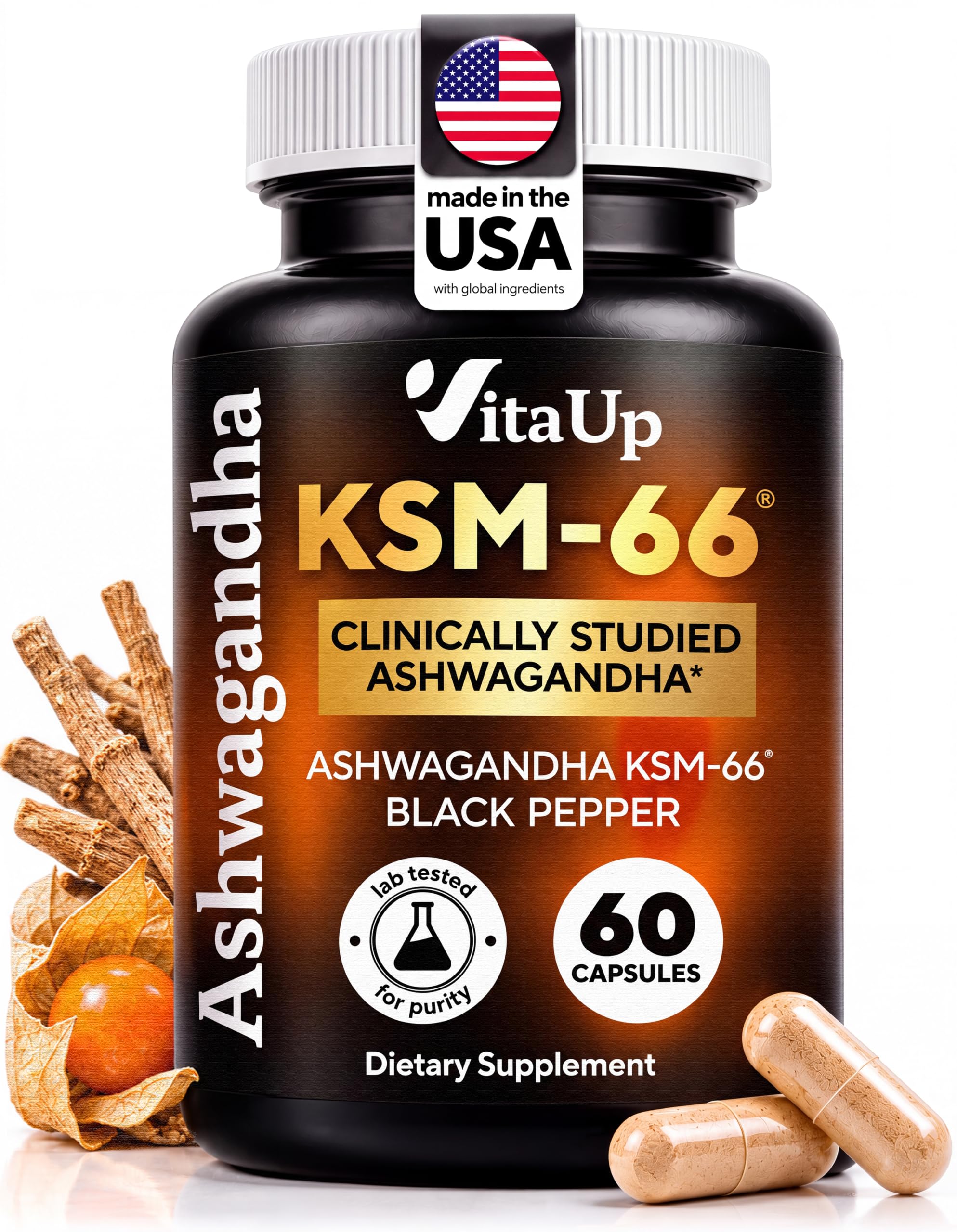 Ashwagandha KSM 66 with Black Pepper - KSM-66 Ashwagandha Supplements for Energy, Relaxation and Normal Cognitive Function - 60 Caps