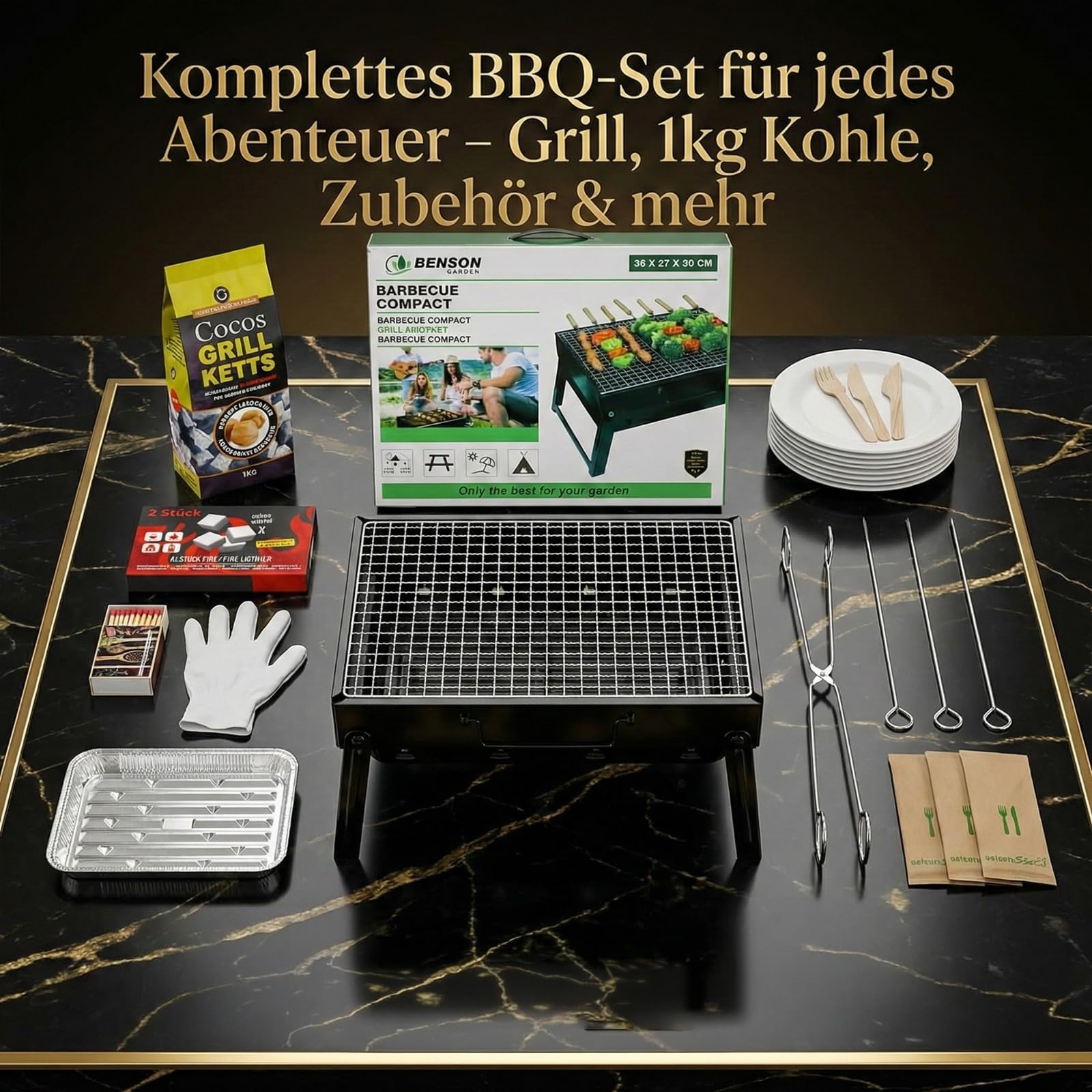 Set completo di barbecue da viaggio – Barbecue portatile a carbone con contenitore per la cenere, carboni di cocco, accendini, posate monouso e accessori – Set tutto-in-uno per giardino, balcone