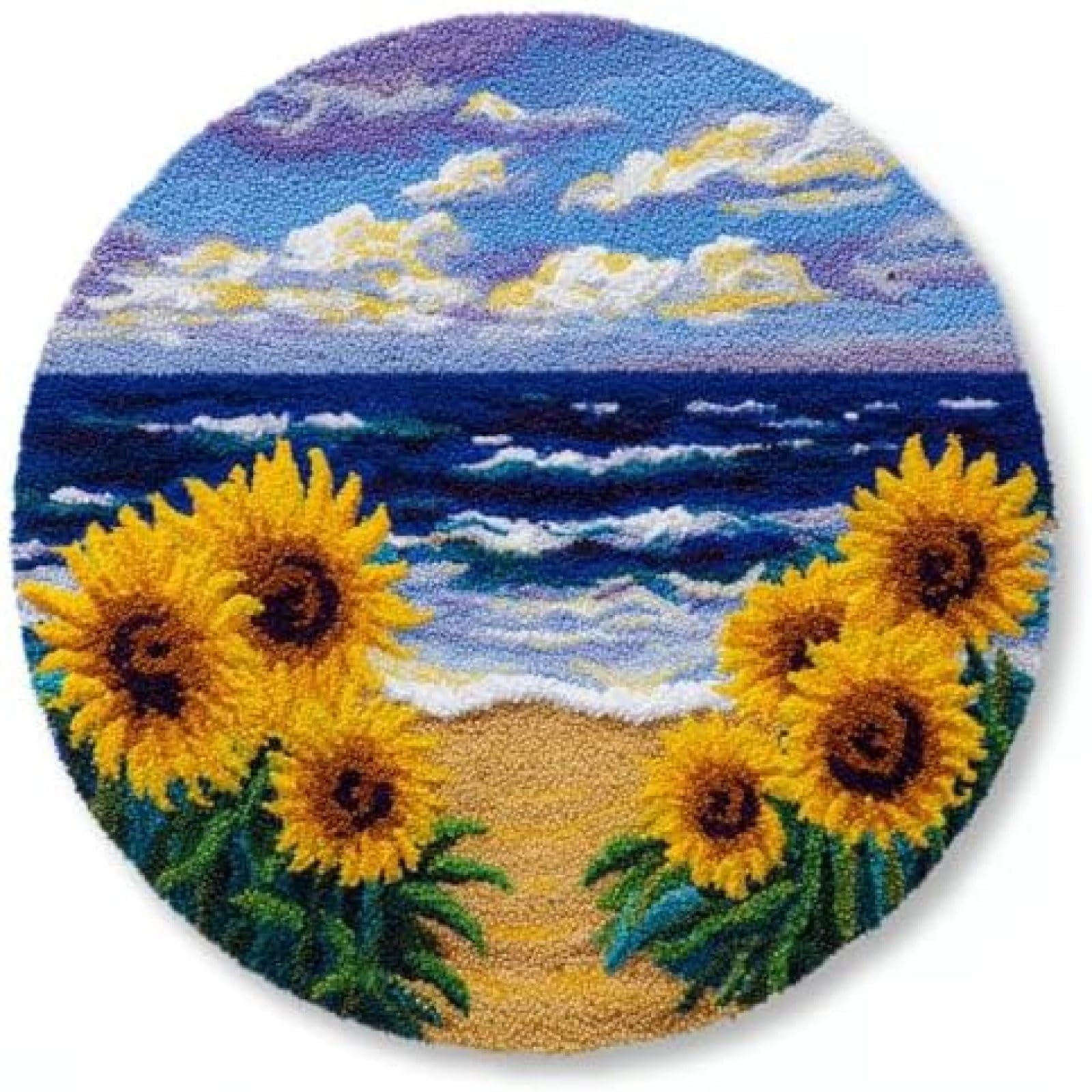 XDEGHUANGSS Latch Hook Rug Kit Sunflower Flowers and Sea Background Round Rug 52x52cm