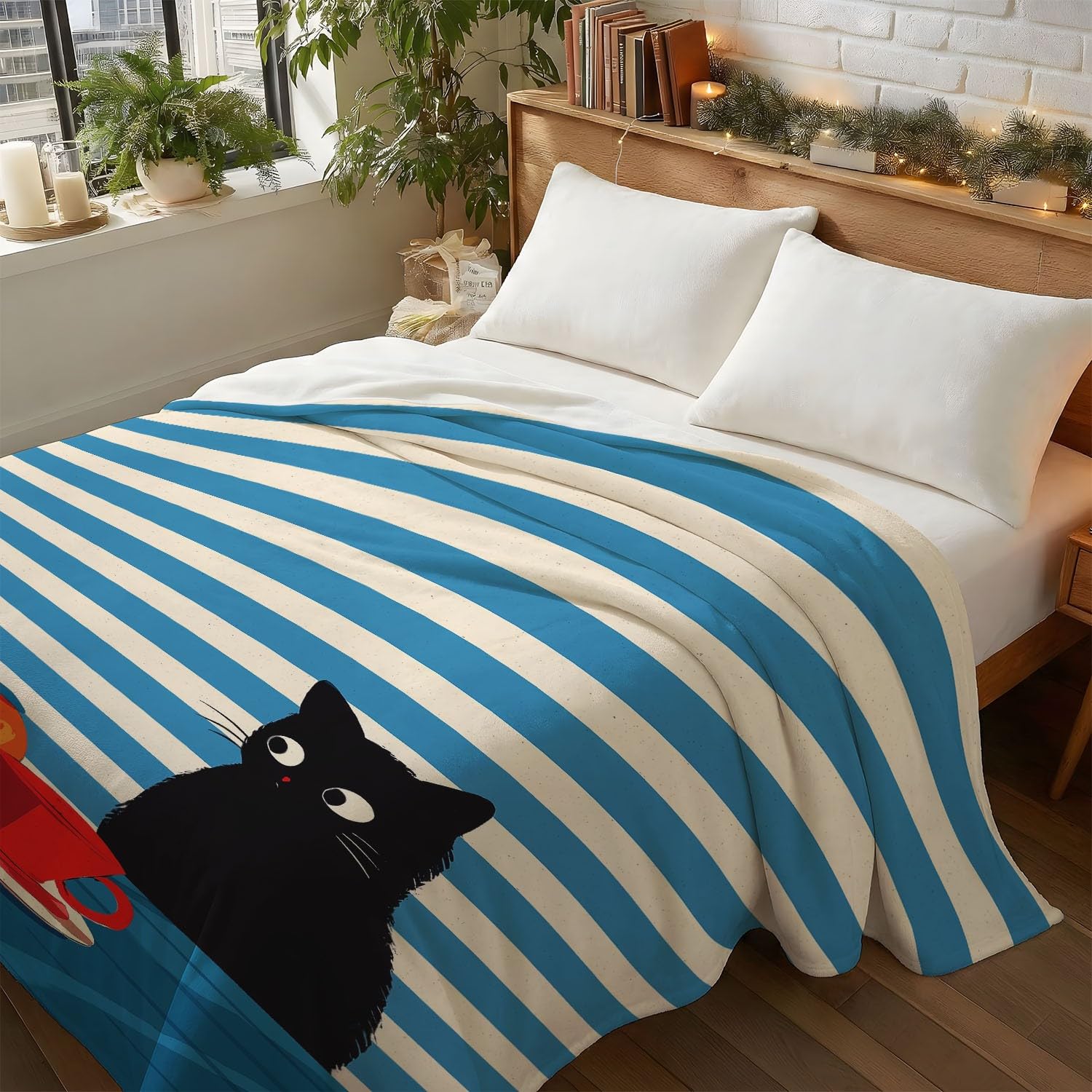 Générique Niebiesko-czarny flanelowy koc z minimalistycznym wzorem komiksowym, geometria kota, przytulny koc 180 cm x 200 cm, na łóżko, sofę, wystrój pokoju dziecięcego