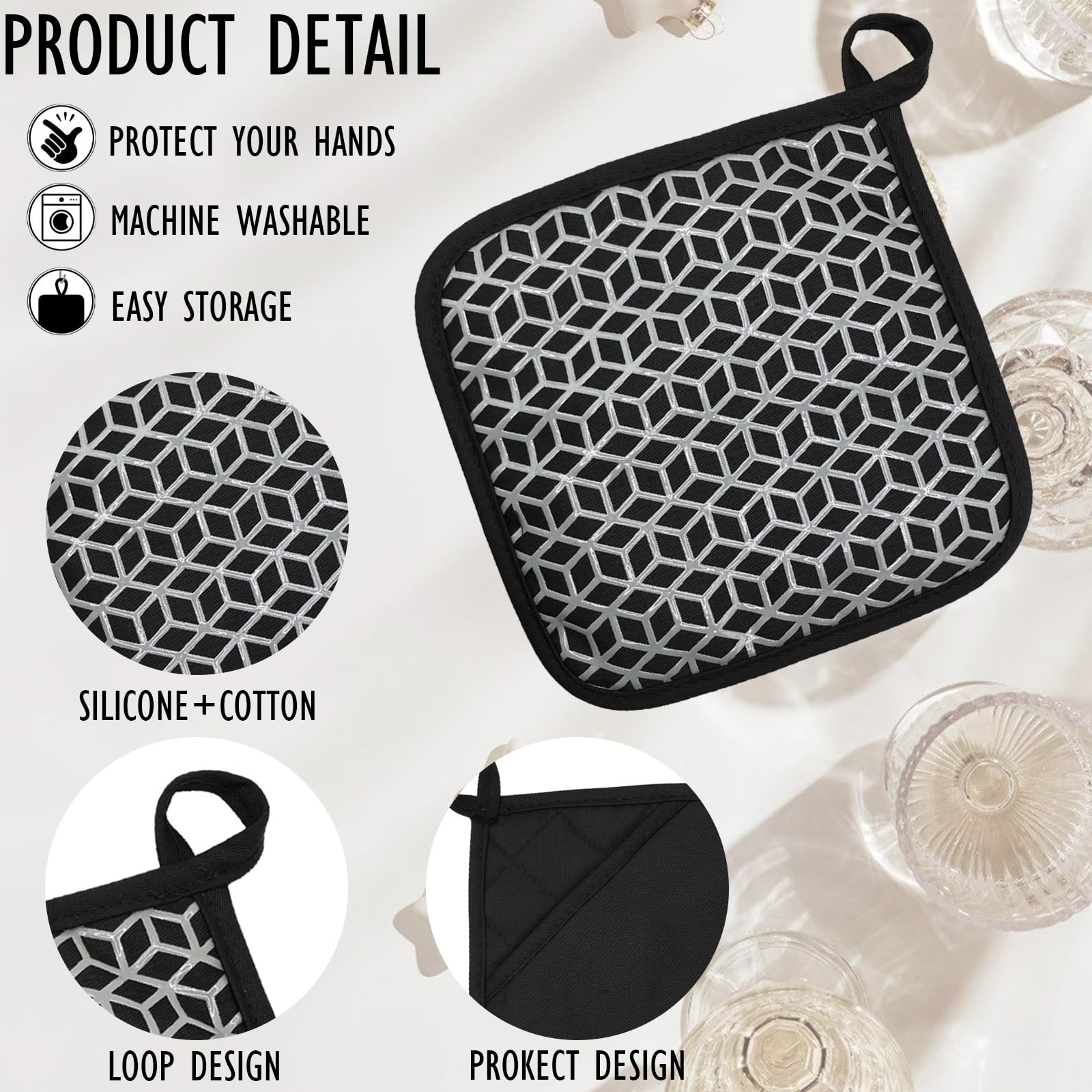 Lot De 2 Maniques De Cuisine Coton Résistantes à La Chaleur Avec Poche Et Silicone Antidérapant