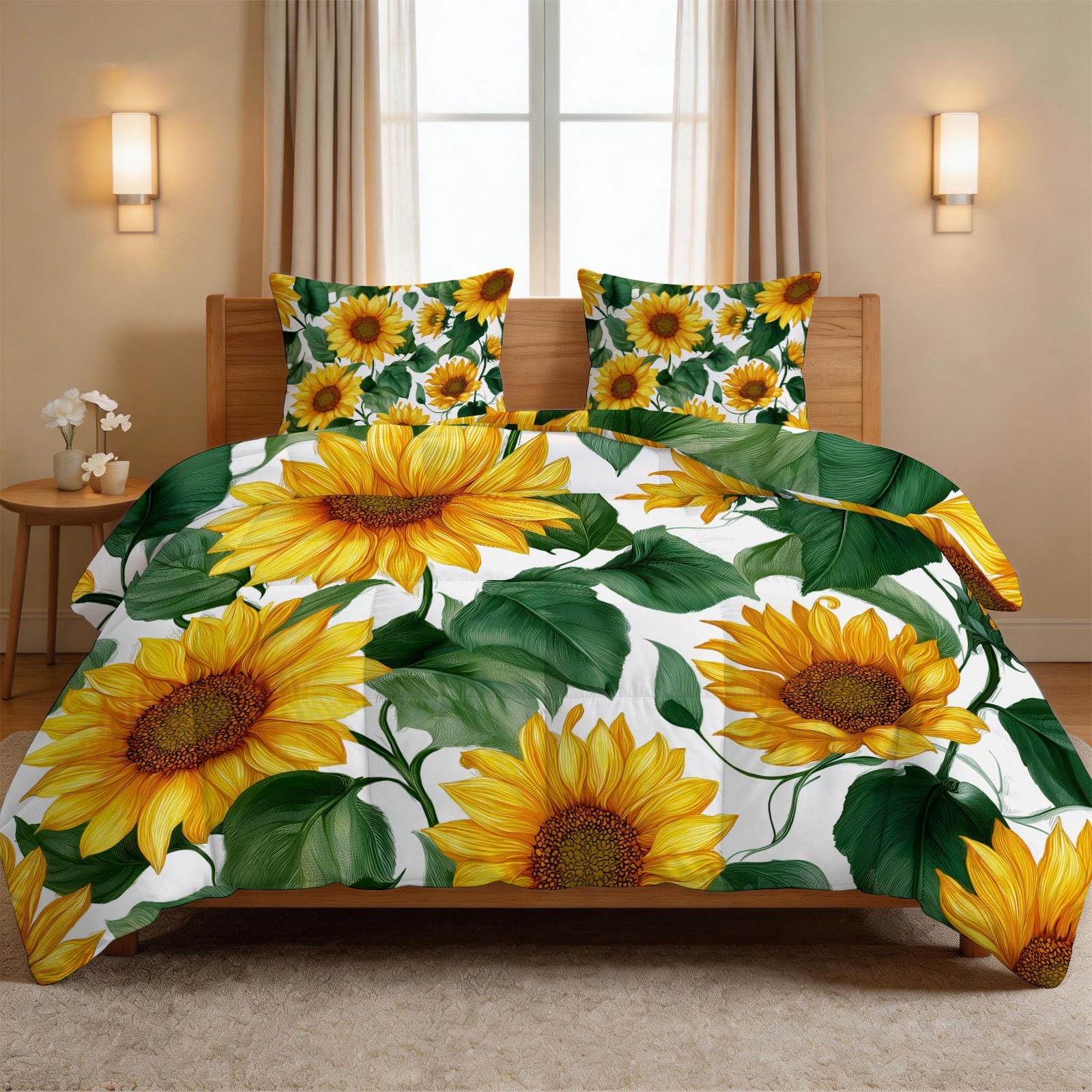 Générique Piumino morbido e caldo, bianco, 220 x 240 cm, botanico floreale girasole trapunte 4 stagioni, 2 persone, Edredon con 2 federe, reversibile, piumino senza federa