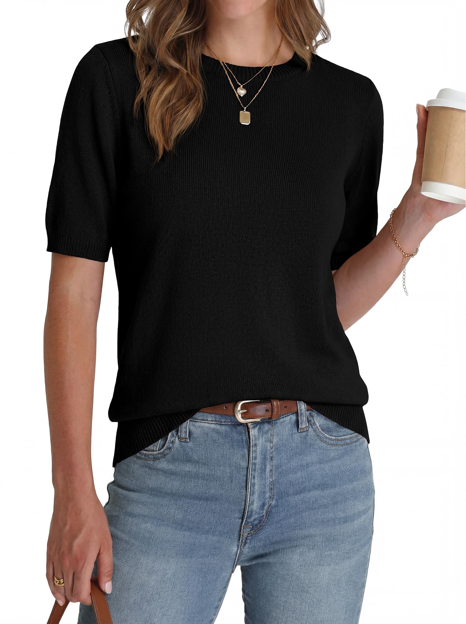 BTFBM Short Sleeve Sweater for Women Spring Tops Crew Neck Lightweight Pullover Loose Dressy Casual Blouse Basic Clothes