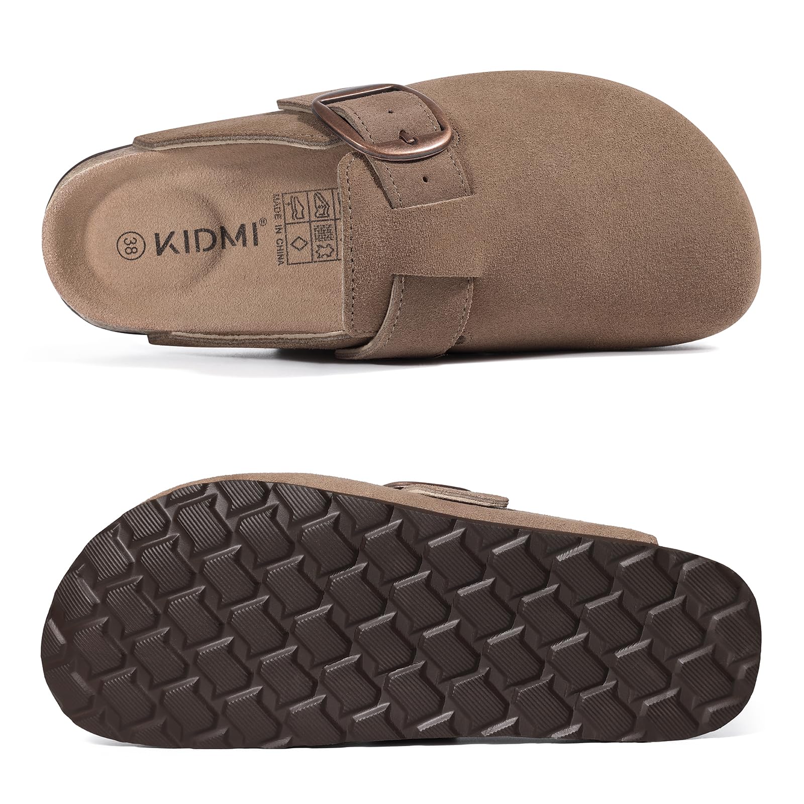 KIDMI Genuine Suede Clogs for Women Memory Foam Cork Footbed Potato Shoes Slip On Leather Mules with Big Buckle