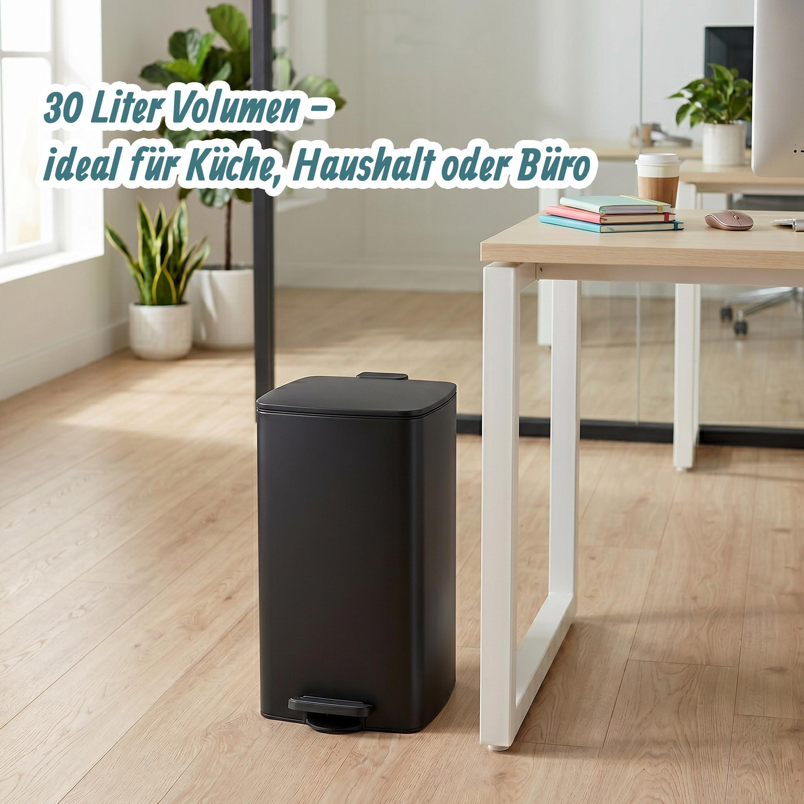 Relaxdays Mülleimer Küche, 30 Liter, Absenkautomatik, schwarz | entnehmbarer Inneneimer, mattes Metall, eckiger Treteimer