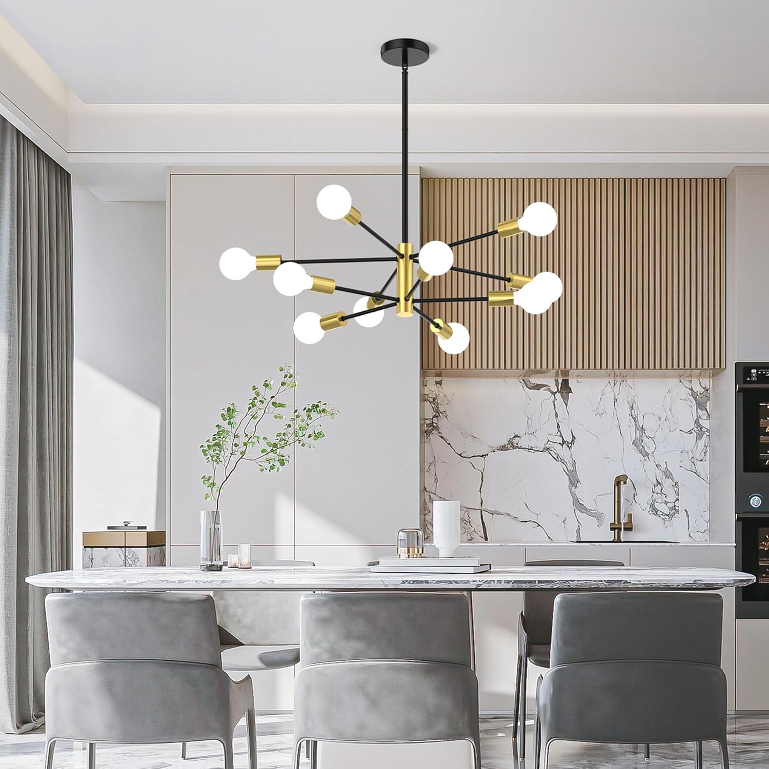 Sputnik Chandelier 10-Light, Mid Century Modern Height Adjustable Ceiling Light Fixture for Dining Room, Kitchen Island, Living Room,Bedroom-Black and Gold