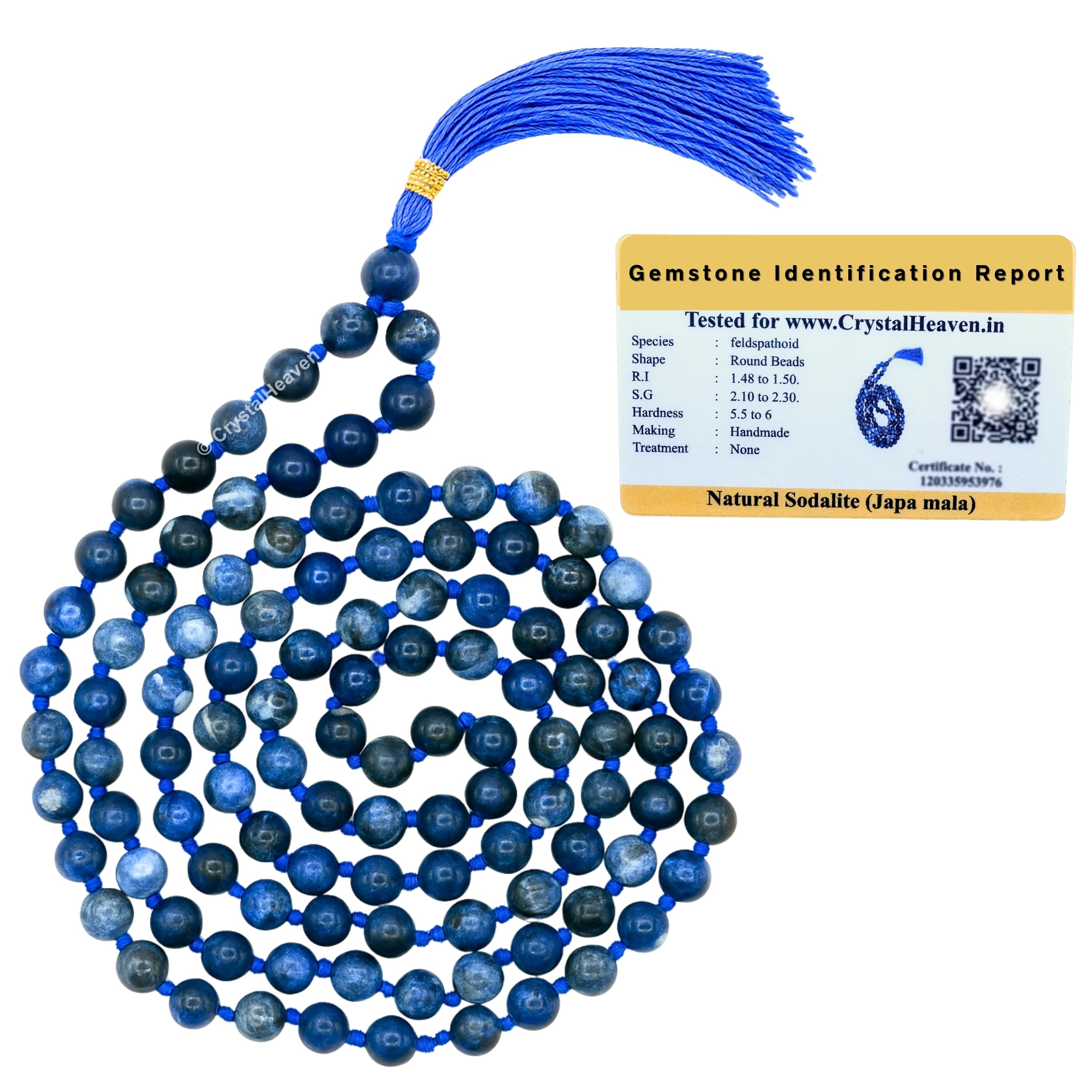 Certified Sodalite Crystal Japa Mala Ganthi - 108 Beads Buddhist Prayer Beads - AAA Grade Original Healing Gemstone Agate Mala for Yoga Meditation Spiritual Reiki Feng Shui