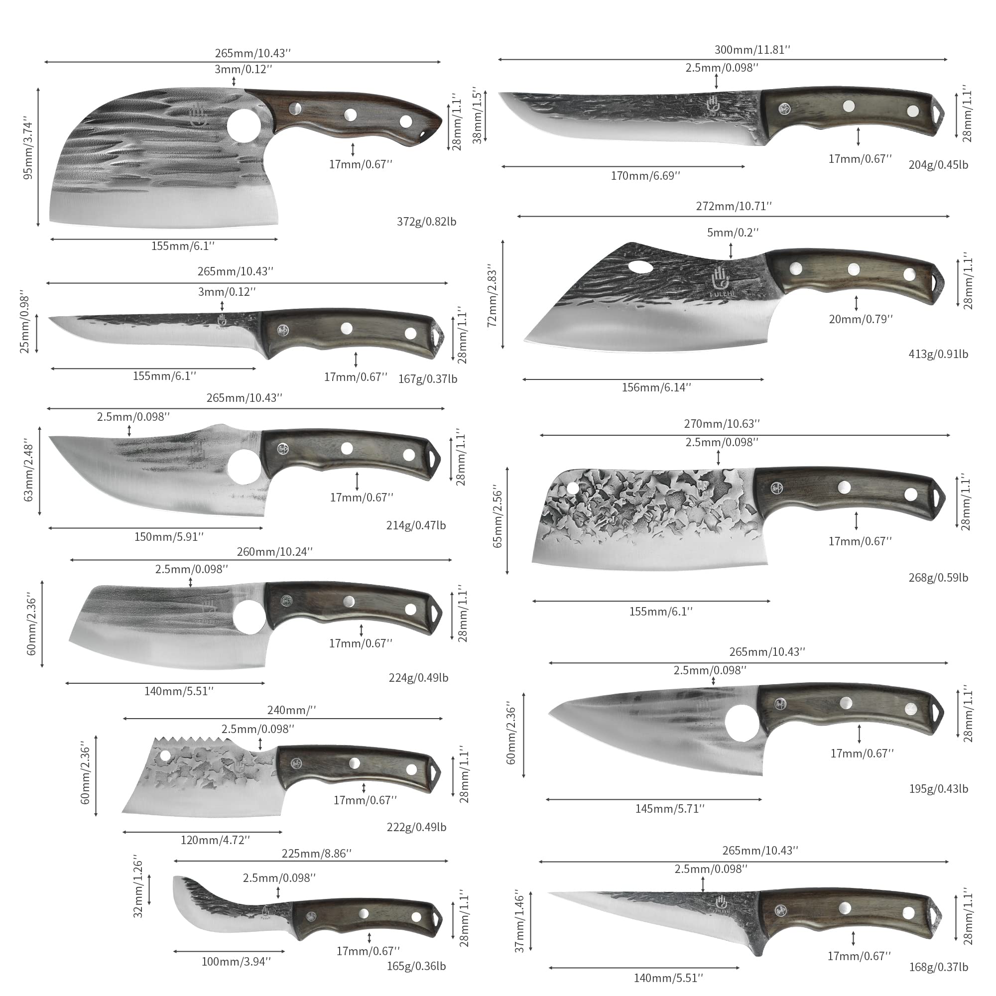 FULLHI Set di 17 coltelli da chef da macellaio include fodero in acciaio al carbonio Cleaver, coltello da cucina, tutto tang, verdure, casa, barbecue, campeggio, con tasca per coltelli