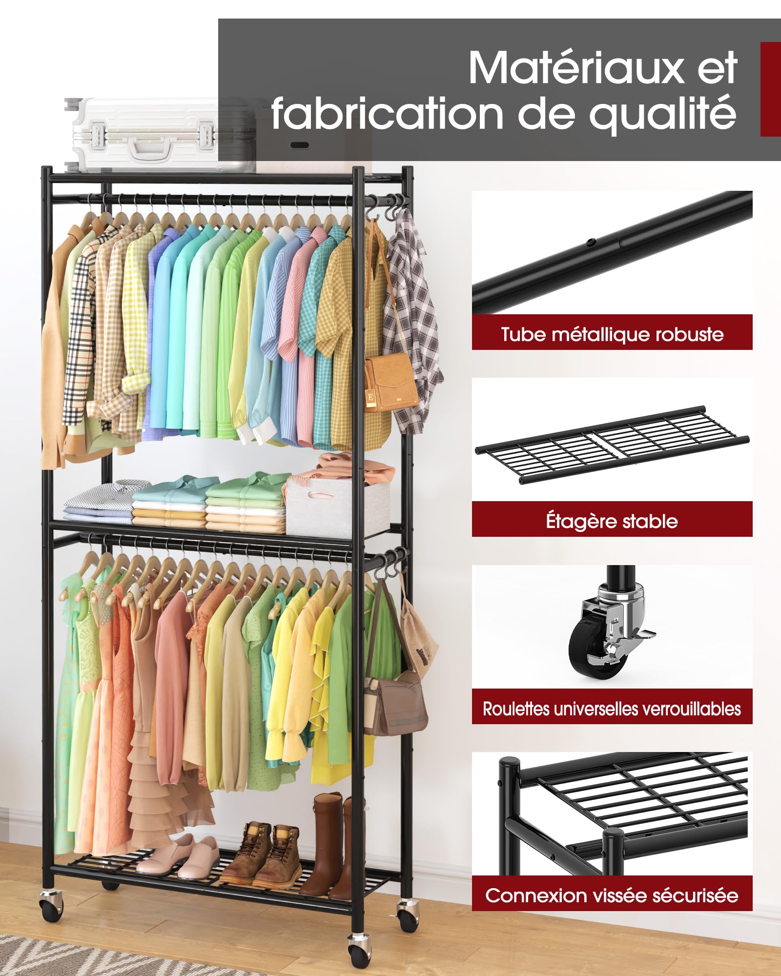 Sakugi Portant à Vêtement 84 x 32 x 202 cm – Penderie Vêtement Dressing Chambre Adulte avec Étagères & Roulettes, Portant Vêtement Solide à Roulettes avec Crochets, Pour Chambre (Noir)