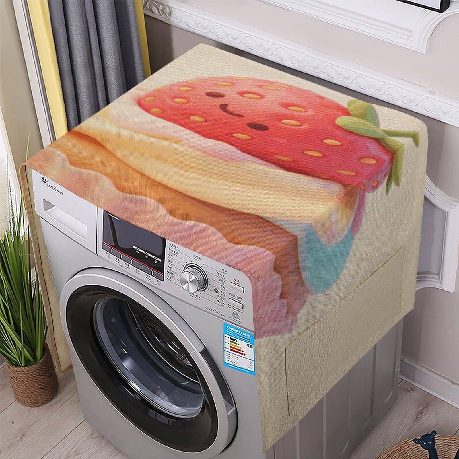 Fodpand White Washing Machine Cover For Top Load Dustproof Cute Strawberry Cupcake Washer And Dryer Cover With Storage Pockets Household Appliance Covers Washable Top Protector Mat Pad For Laundry & Kitchen