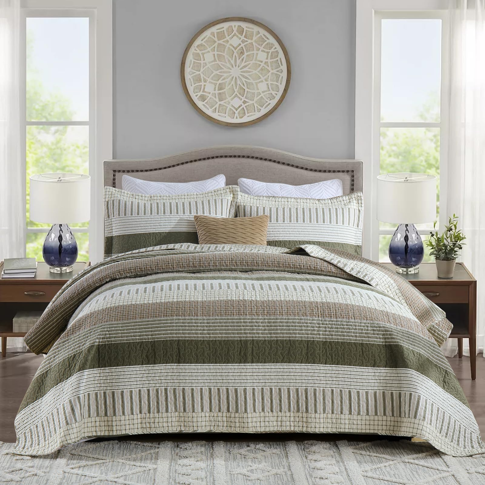 Finlonte Quilt King Size, King Quilt Set, Cotton Quilt, Striped King Quilt Bedding Set Bedspreads, Reversible Lightweight Quilt Bedspread Set for All Season, Green/Brown/Cream, 3-Piece