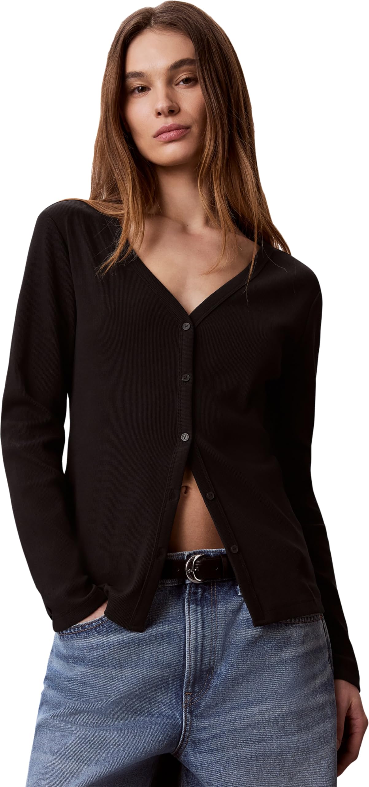 Calvin Klein Women's Ls Woven Label Baby Rib Button F Lv047g207g Other Tops