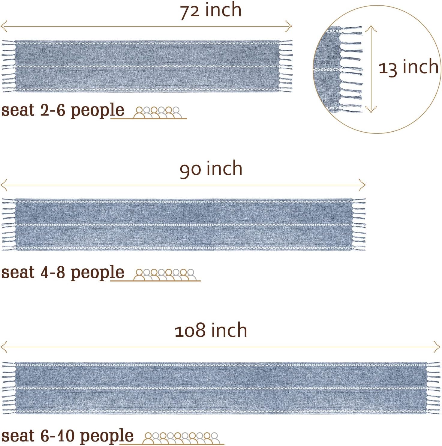 AOMGD 72" Farmhouse Table Runner,Hand-Woven Boho Table Runners with Tassels for Bohemian, Rustic,Bridal,Shower,Wedding, Dinner ,13 x 72 Inches-Blue