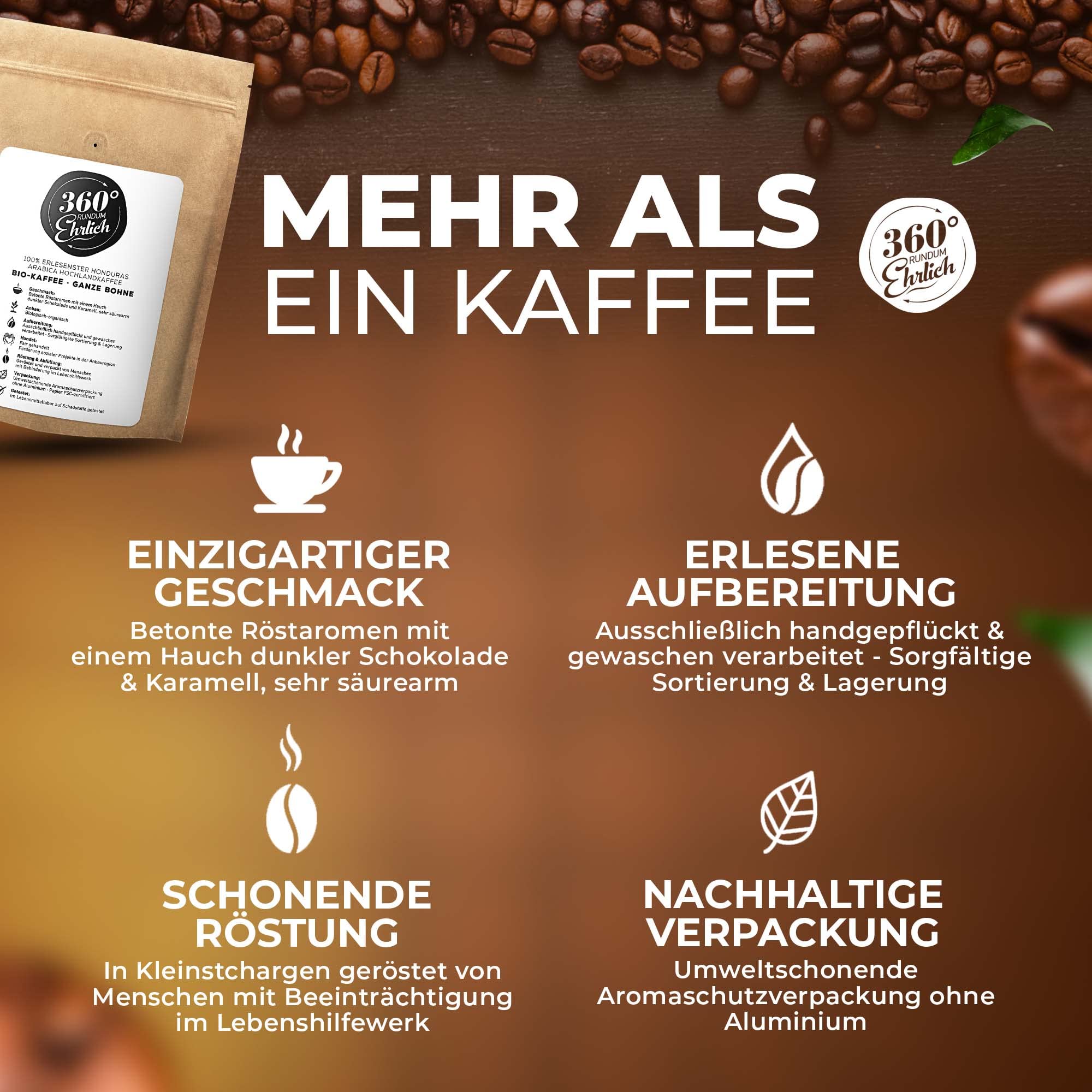 Premium Bio ziarna kawy 1000 g, 100% Honduras Hochland Arabica ziarna kawy bio – pyszne, łagodne, niskokwasowe – kawa organiczna całe ziarna – idealna jako w pełni automatyczny ekspres do kawy 360°