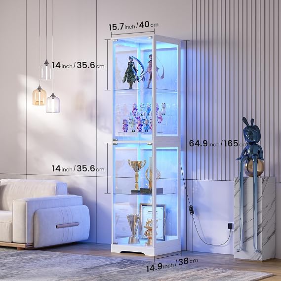 FREDEES Glass Display Cabinet with LED Lights, 165CM Tall, White