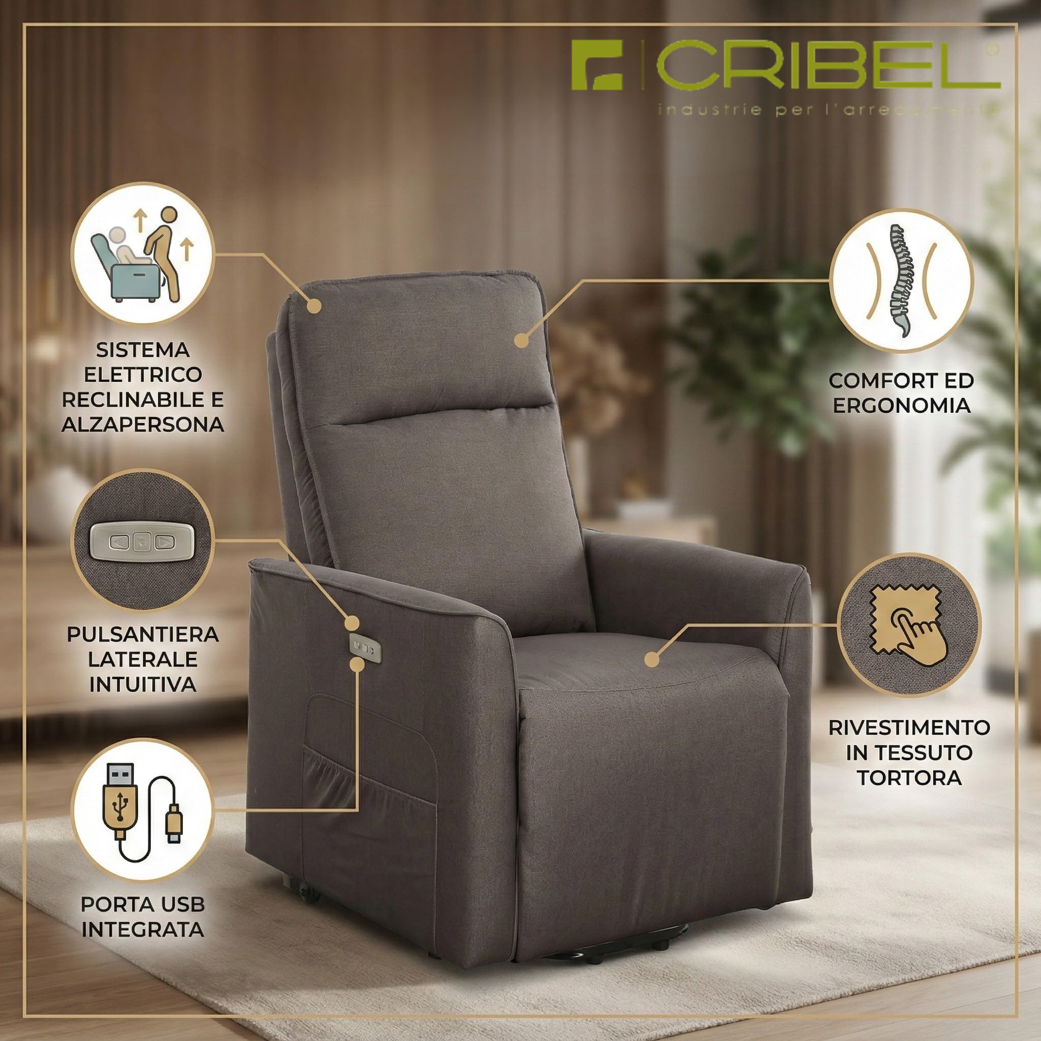 Cribel Poltrona Relax Carlotta D con USB | Poltrona Elettrica Reclinabile Alzapersona in Tessuto con Schienale Alto e Pulsantiera Laterale Tortora