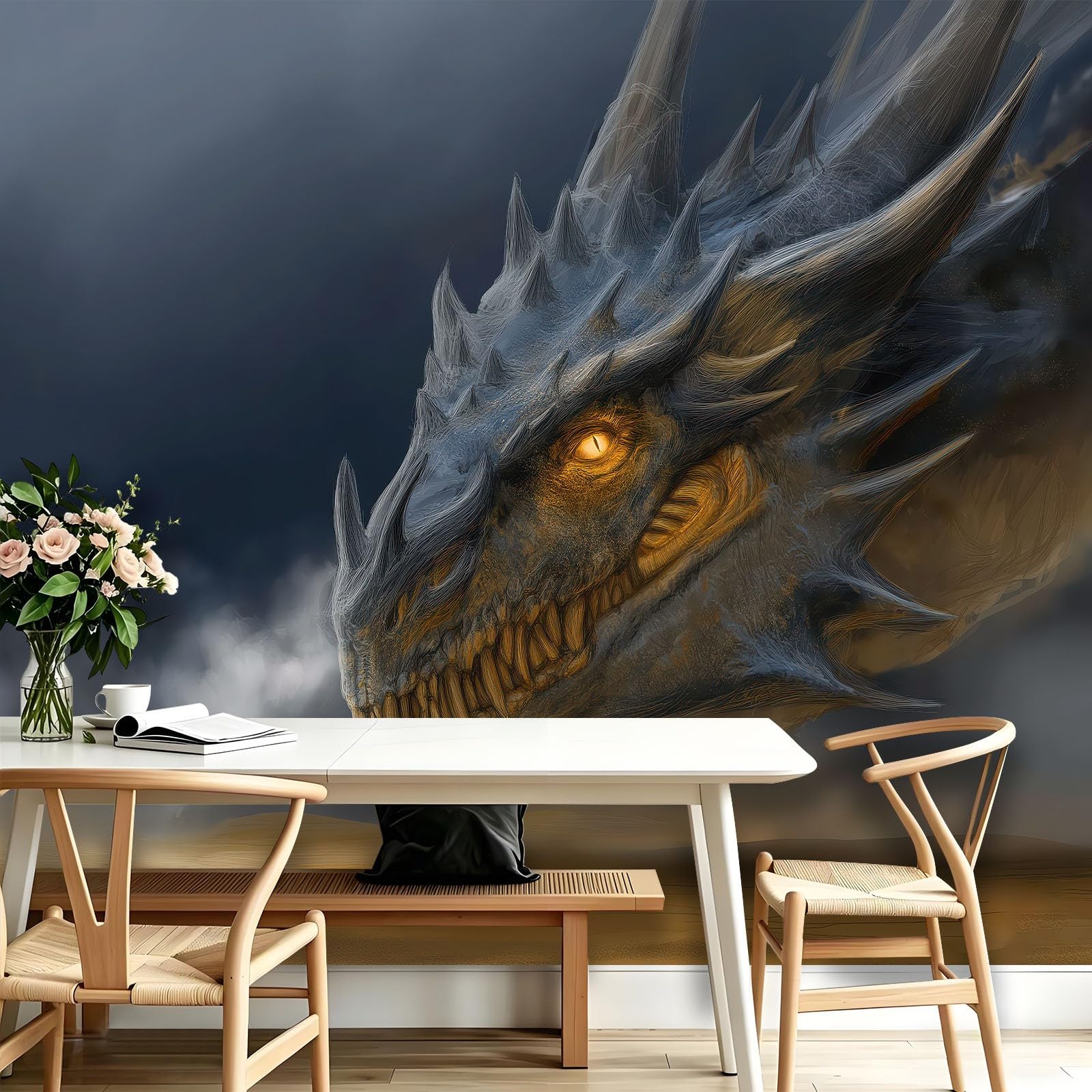 Générique Tapeta z flizeliny, fantastyczne stworzenia 3D, 200 x 140 cm, tapeta panoramiczna z niebiańskim smokiem, łatwa do zainstalowania dekoracja ścienna do salonu, sypialni, kuchni