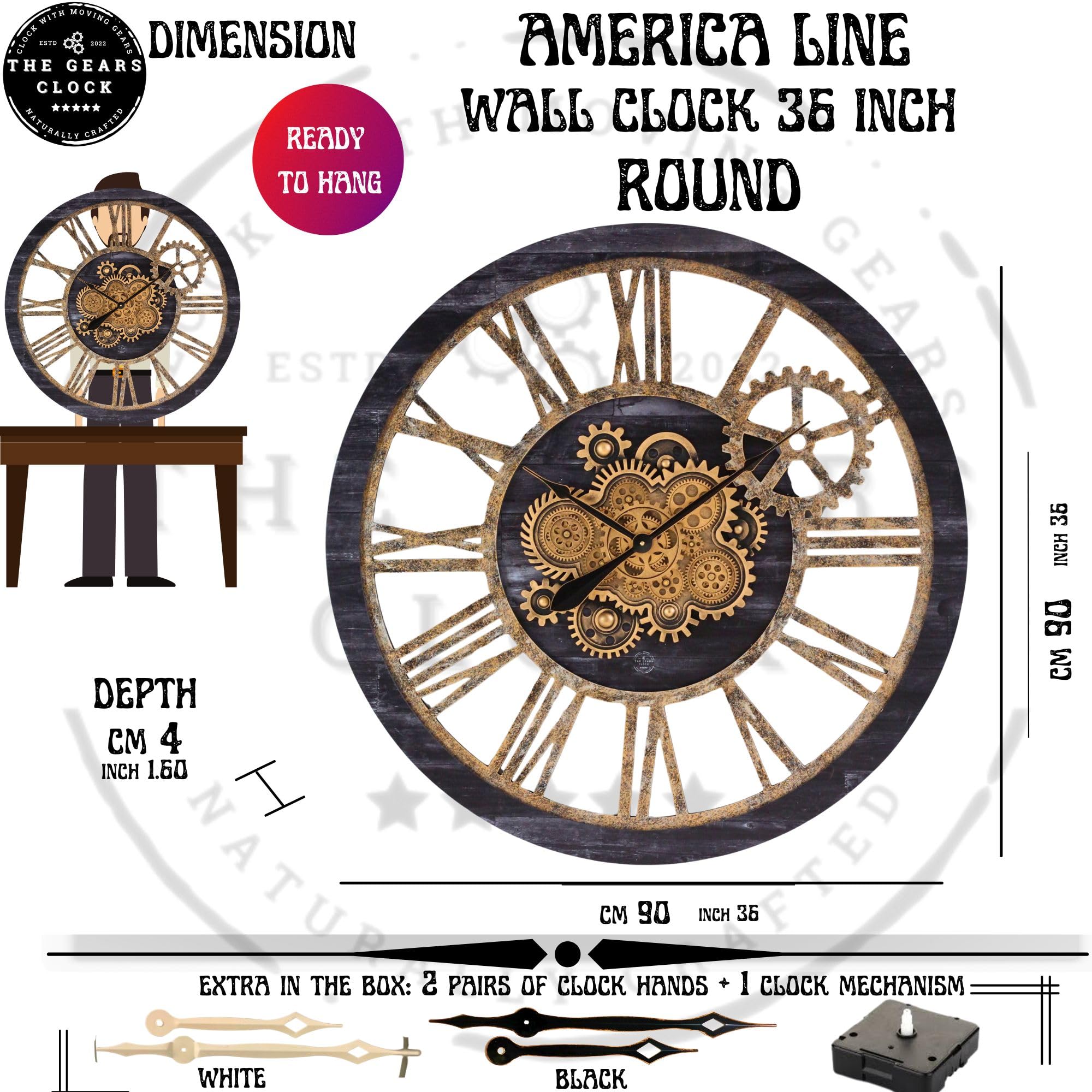 The Gears Clock - Orologio da parete con ingranaggi mobili, stile vintage, industriale, grande, rustico, stile vintage, in legno nero e bronzo