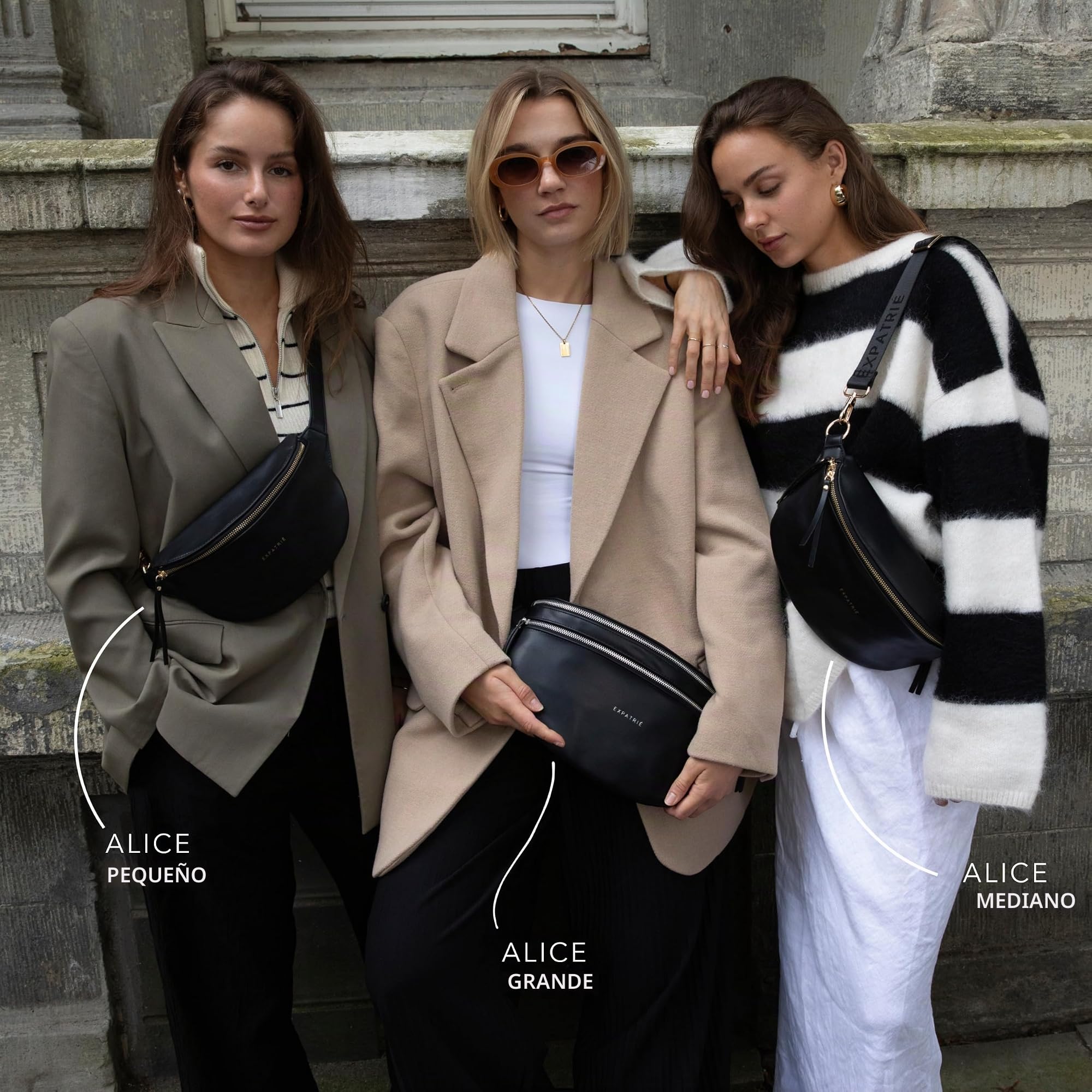 Expatrié Riñonera Mujer Negro - Alice Medium - Bolso Canguro de Cuero Vegano para Festivales, Viajes y Todos los Días - Bolsa de Cintura Elegante - Repelente al Agua