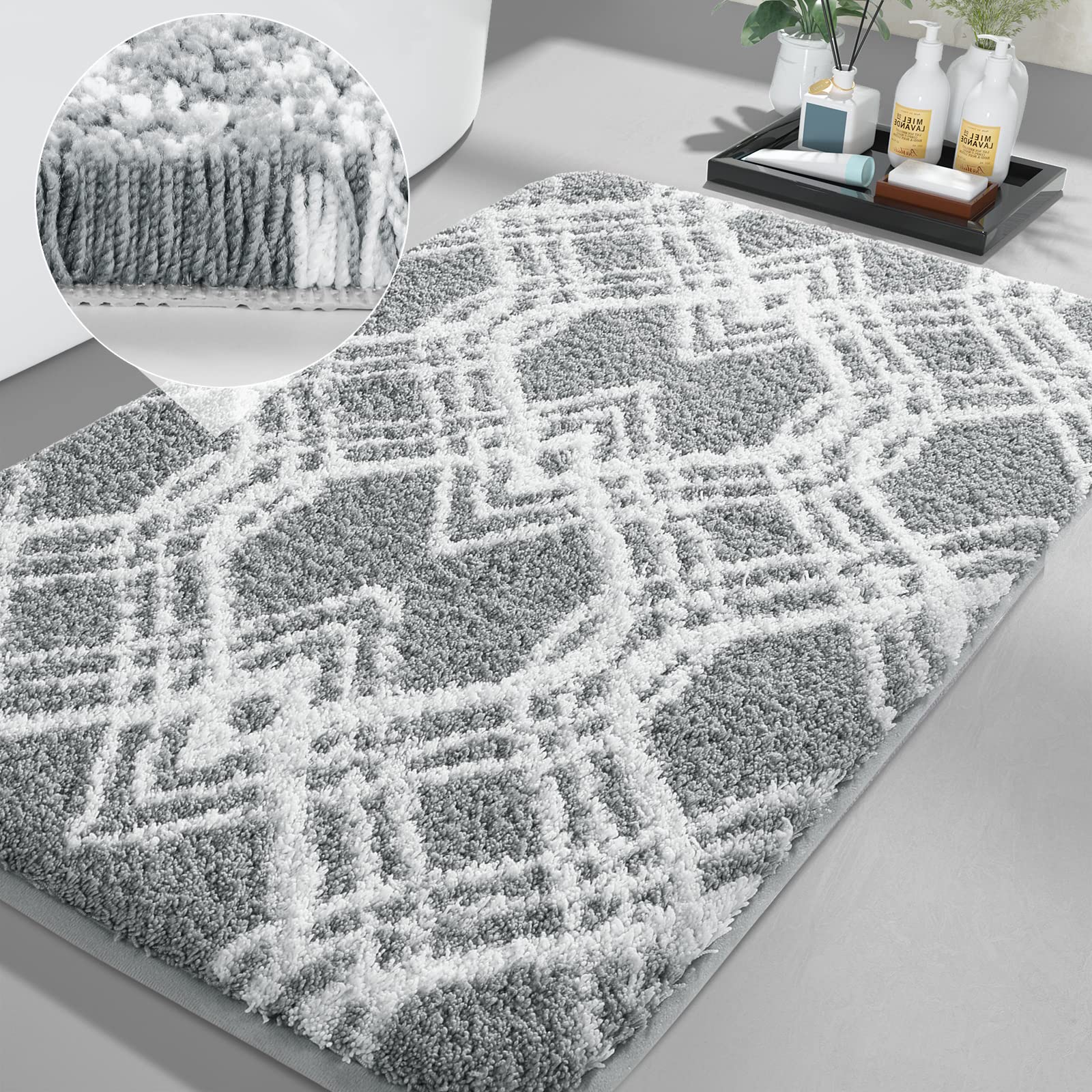 Yimobra Luxury Fluffy Bathroom Rugs, Super Elastic Soft Thick Plush Bath Mat, Non-Slip Water Absorbent, Easier to Dry, Durable Shaggy Microfiber Floor Carpet for Bathtub, 36.2 x 24 Inch, Grey