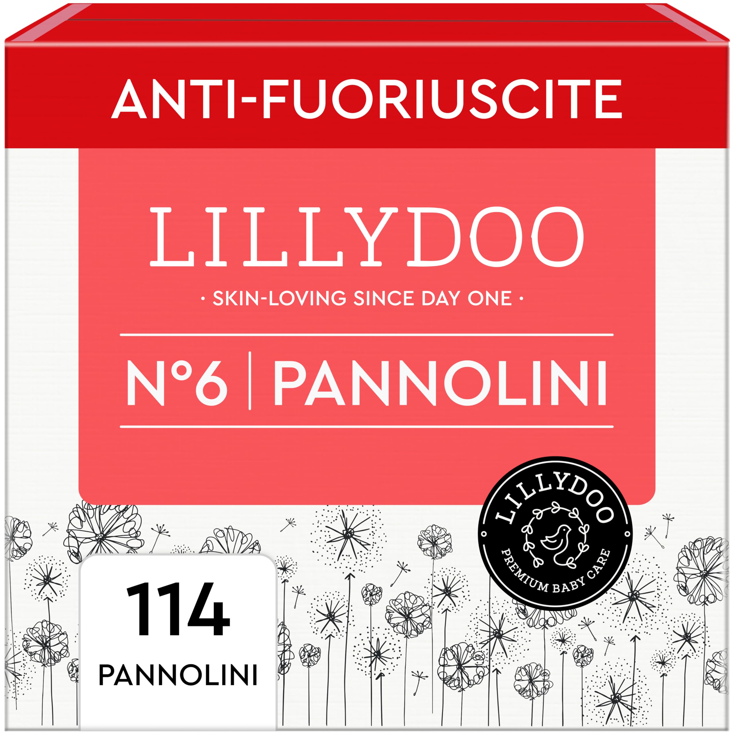 Pannolini LILLYDOO delicati sulla pelle - taglia 6 (13+ kg), pacco scorta (114 unità), protezione contro le fuoriuscite, morbidi, senza profumi & lozioni e dermatologicamente testati