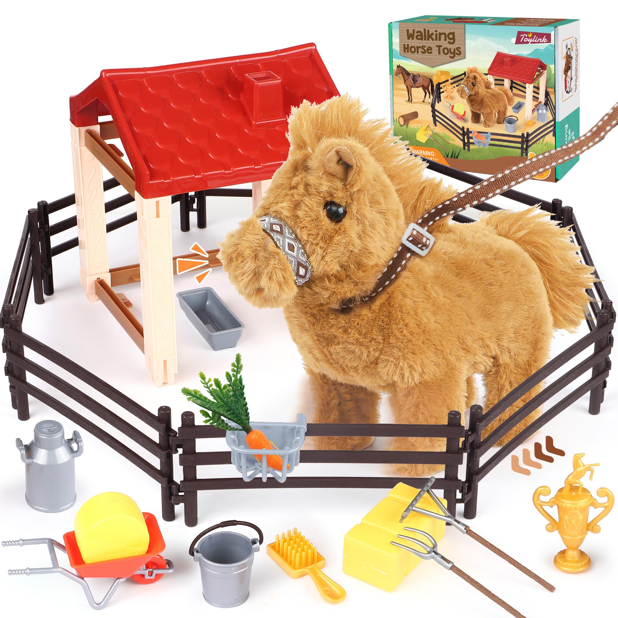 Tacobear Interaktives Pferd Spielzeug für Kinder, Kuscheltier Pferd der Läuft mit Stall & Zaun, Elektronisches Haustier Plüsch Pony mit Sound, Geschenk für Mädchen Jungen 3 4 5 6 7 8 Jahre