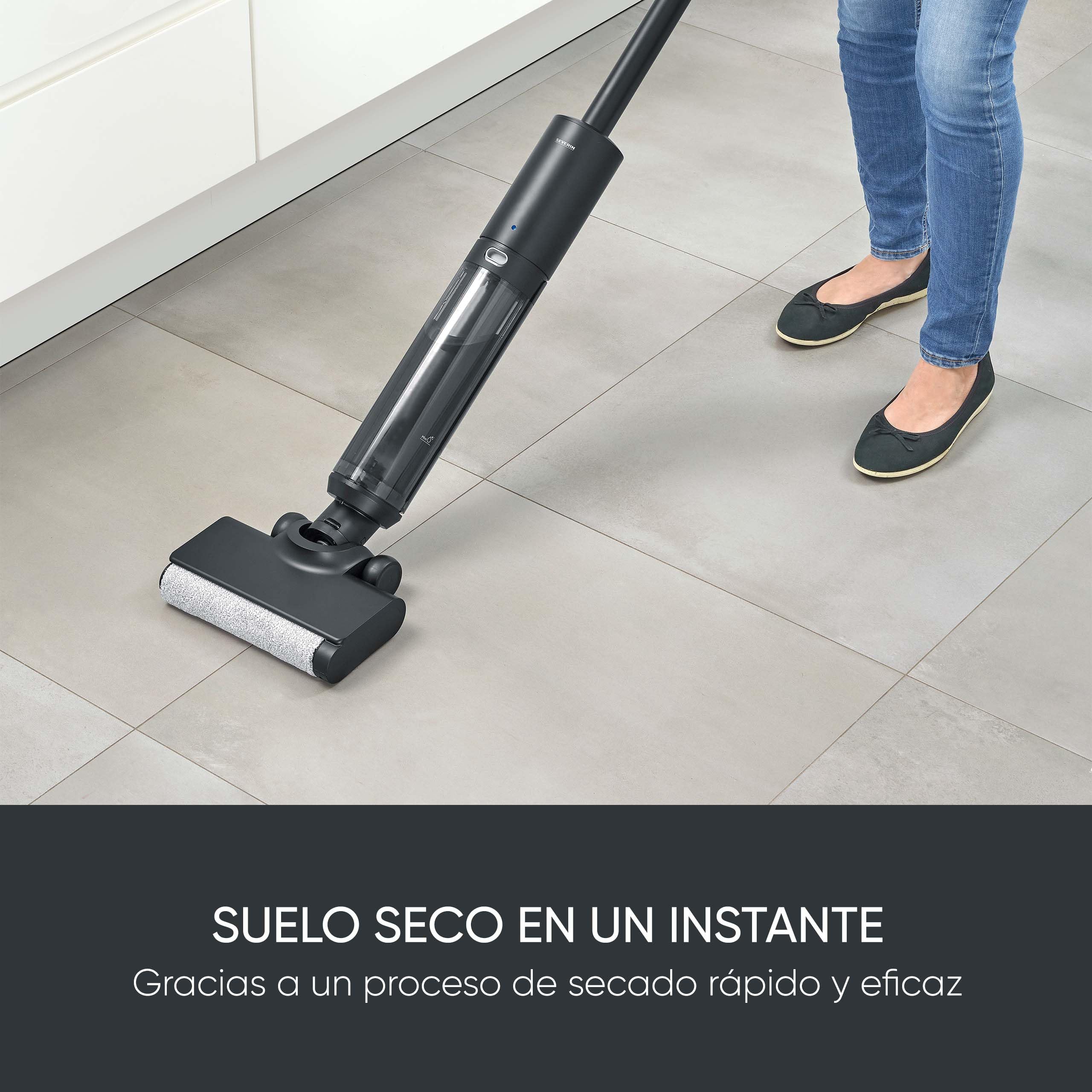 SEVERIN - Friegasuelos eléctrico sin Cable, Cepillo de Rodillo autolimpiable, batería de Iones de Litio de 22,2 V, Pantalla LED, Sistema higiénico de Dos depósitos, 150 W, Antracita, SC 7177