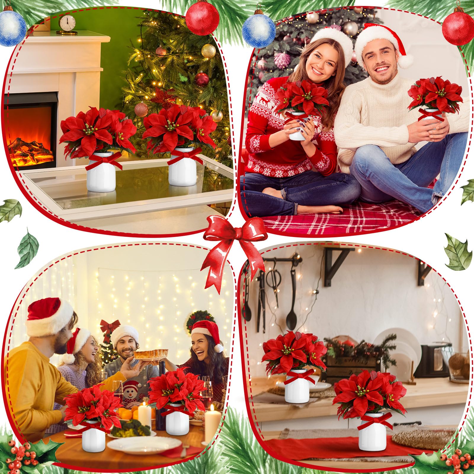 Daifunli Künstliche Weihnachtssternsträucher mit Vase, roter Weihnachtsstern, künstliche Weihnachtsstern, Weihnachtsdekoration, künstlicher Weihnachtsstern, Blumenstrauß für Weihnachten, Party,