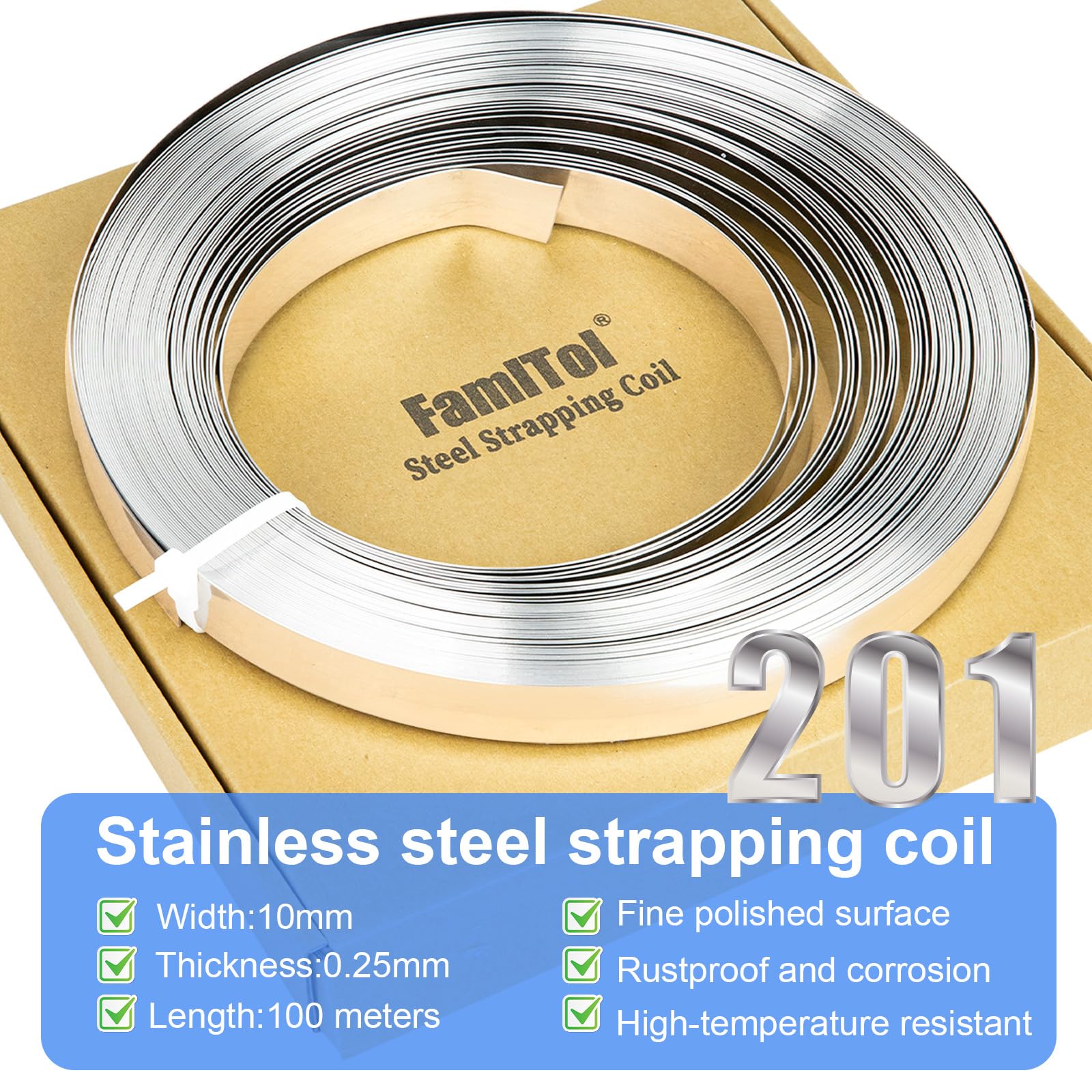 Feuillard en Acier Inoxydable 10 × 0,25 mm × 100 m Feuillard de Cerclage Robuste pour l’Installation de Panneaux de Signalisation et d’Équipements Extérieurs Bande Strapping