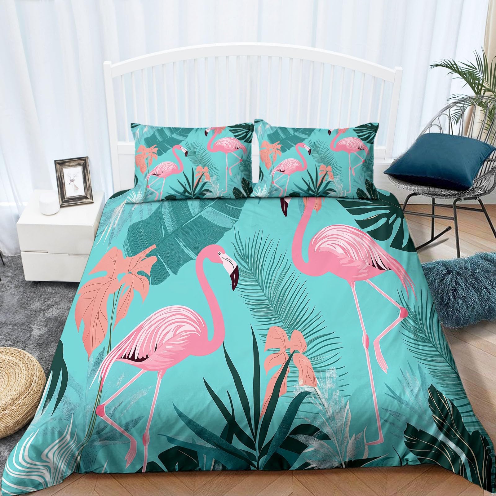 Funda Nordica Cama 90 de 3 Piezas Plantas Tropicales y flamencos Juego de Funda Nordica 150x200 cm Suave Transpirable y 2 x Fundas de Almohada de 50x75 para Ropa de Cama Infantil Niño Chico Niña