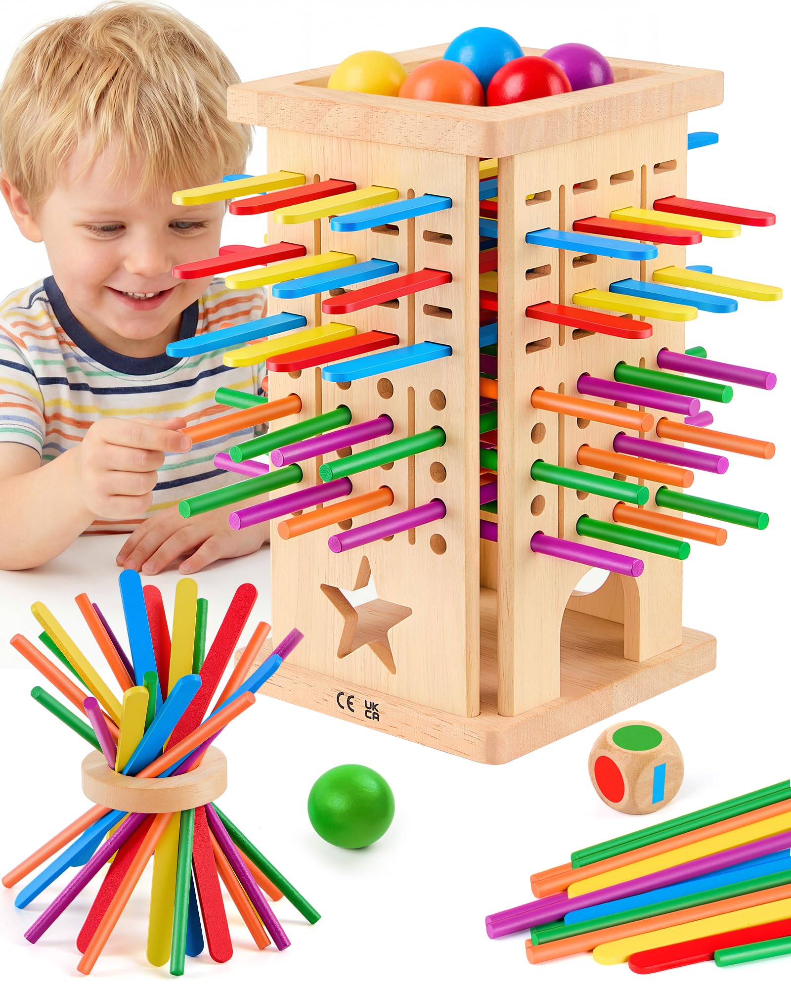 Juego de Mesa Montessori para Niños 3 4 5 6 Años, Juego Educativo de Madera con Palitos de Colores, Dado y Bolas, Juguete de Habilidad Motora Fina, Regalo Ideal para Niños y Niñas