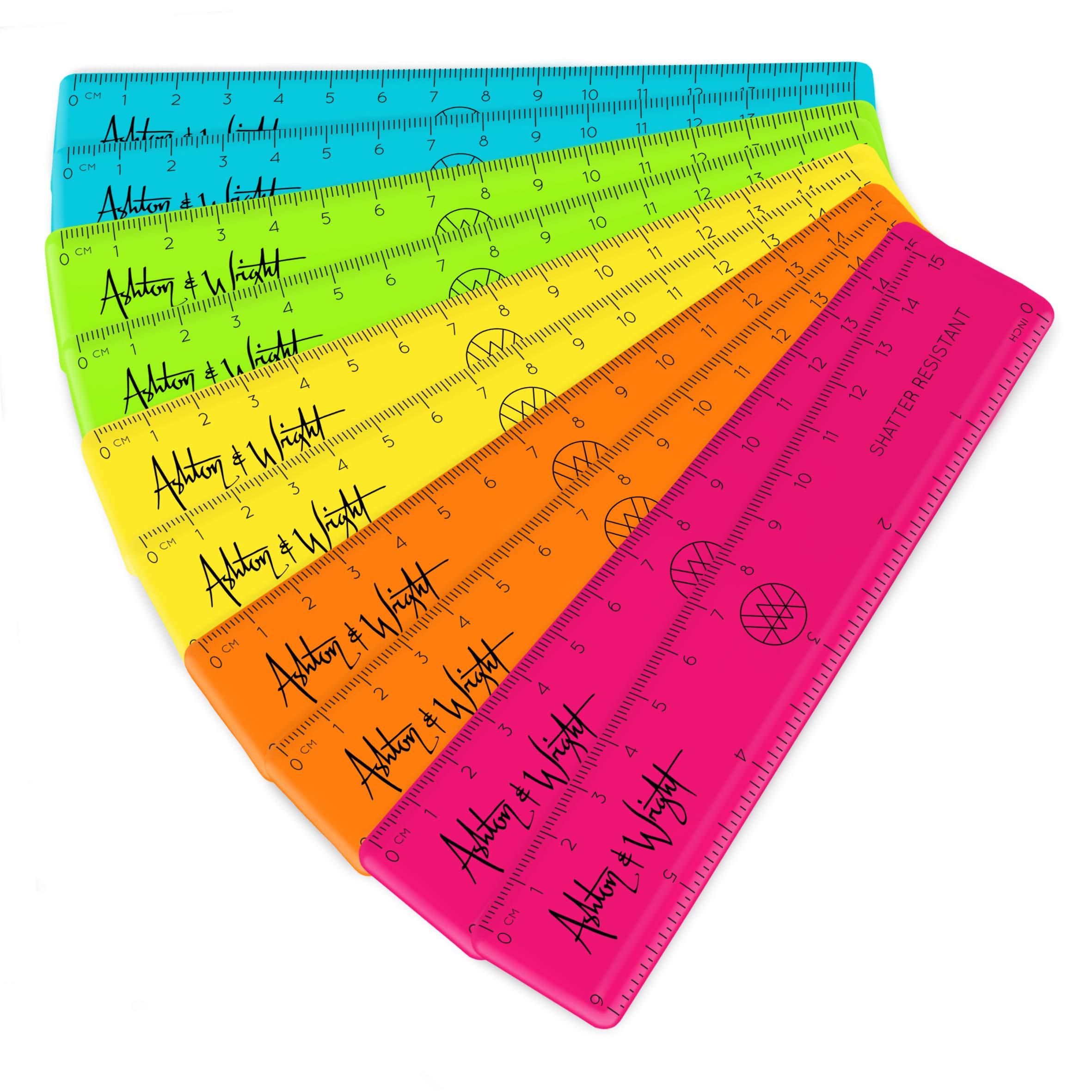 Ashton and Wright - 6 Inch / 15cm Rulers - Shatter Resistant (Pack of 10, Neon)