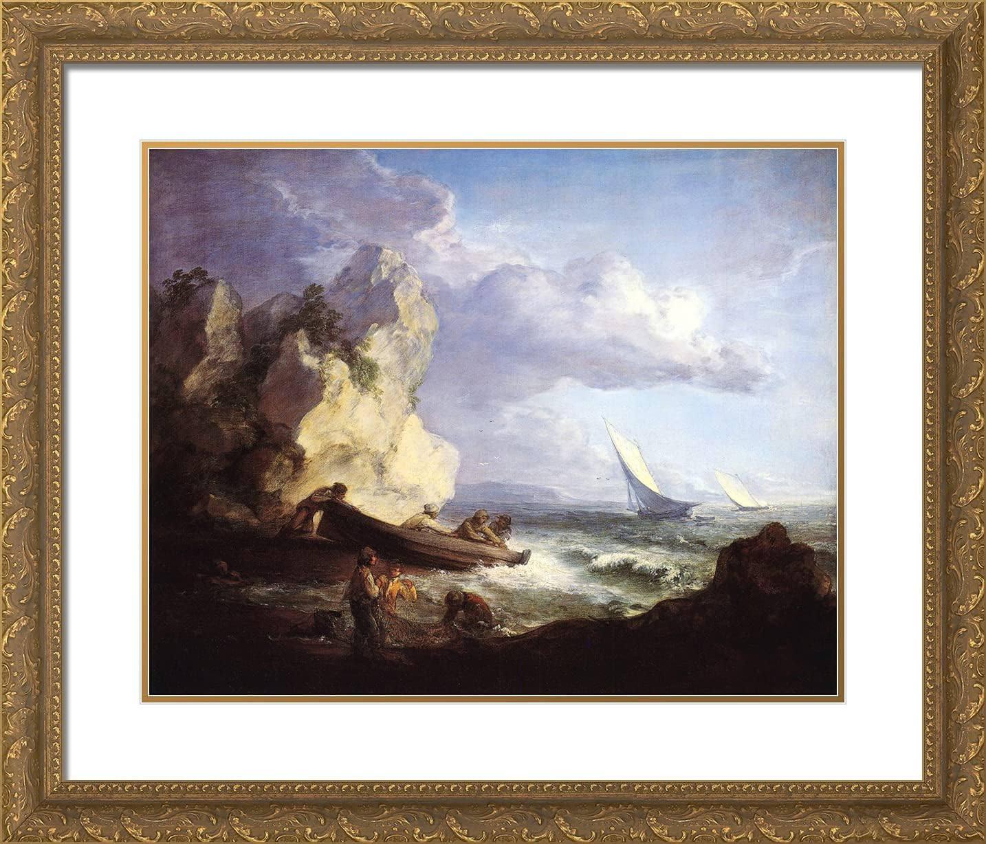 ArtDirect Gainsborough, Thomas 23x20 Gold Ornate Framed Art Print with Double Matting Titled: Seashore With Fishermen