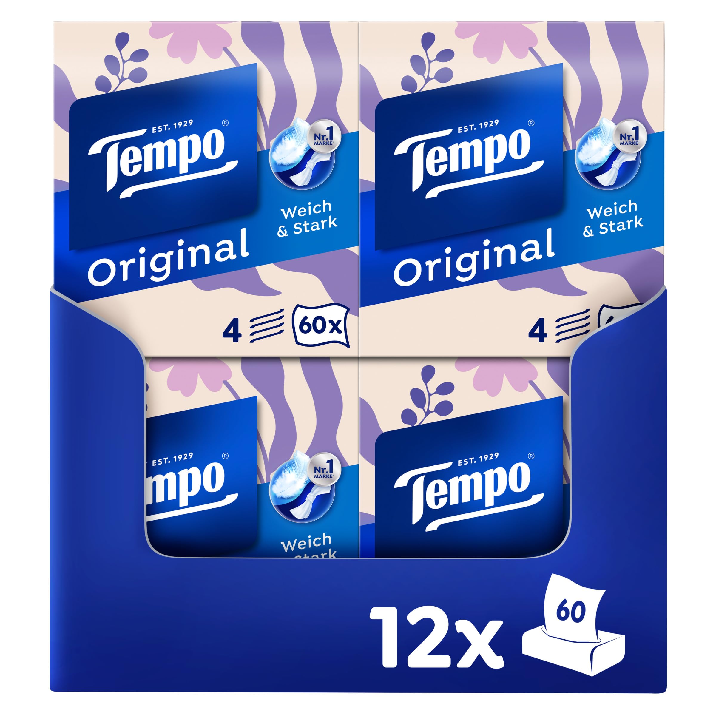 Tempo Caja de pañuelos originales – Megapack – 12 cajas, 60 toallitas por caja – Pañuelos de papel extra fuertes y suaves, lavables a máquina