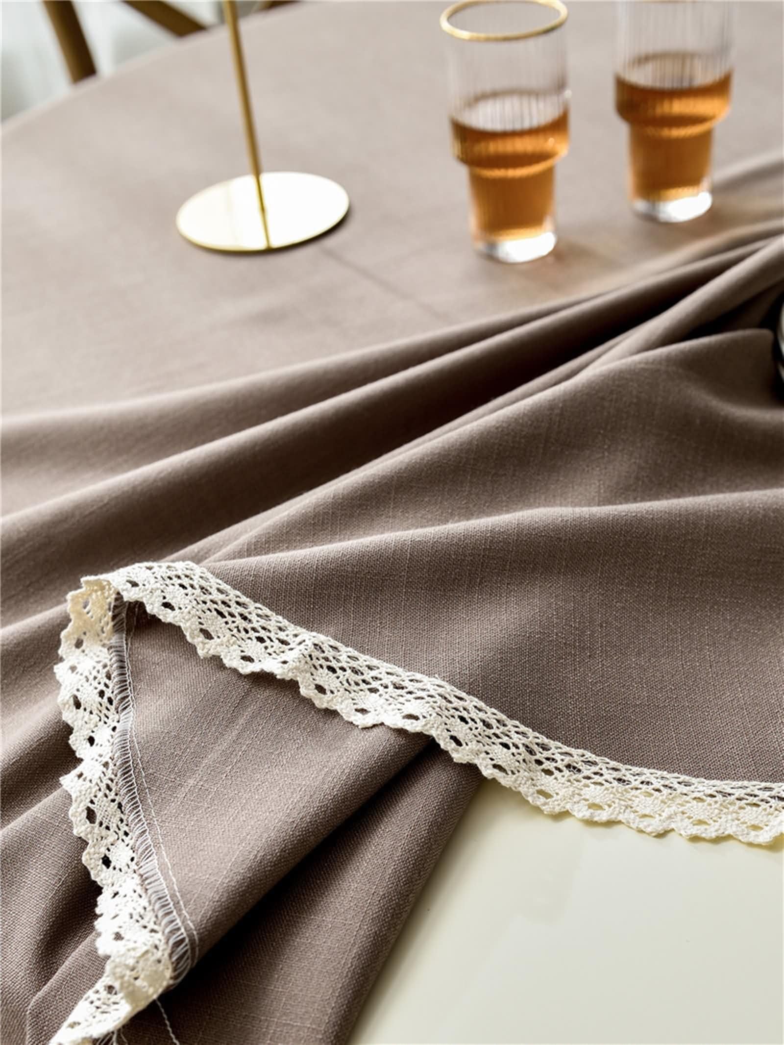 Fleckabweisende Tischdecke Rund 160CM,Tischdeckeer Tisch Braun Einfarbig mit Spitze Polyester Tischdecke Wohnzimmertisch