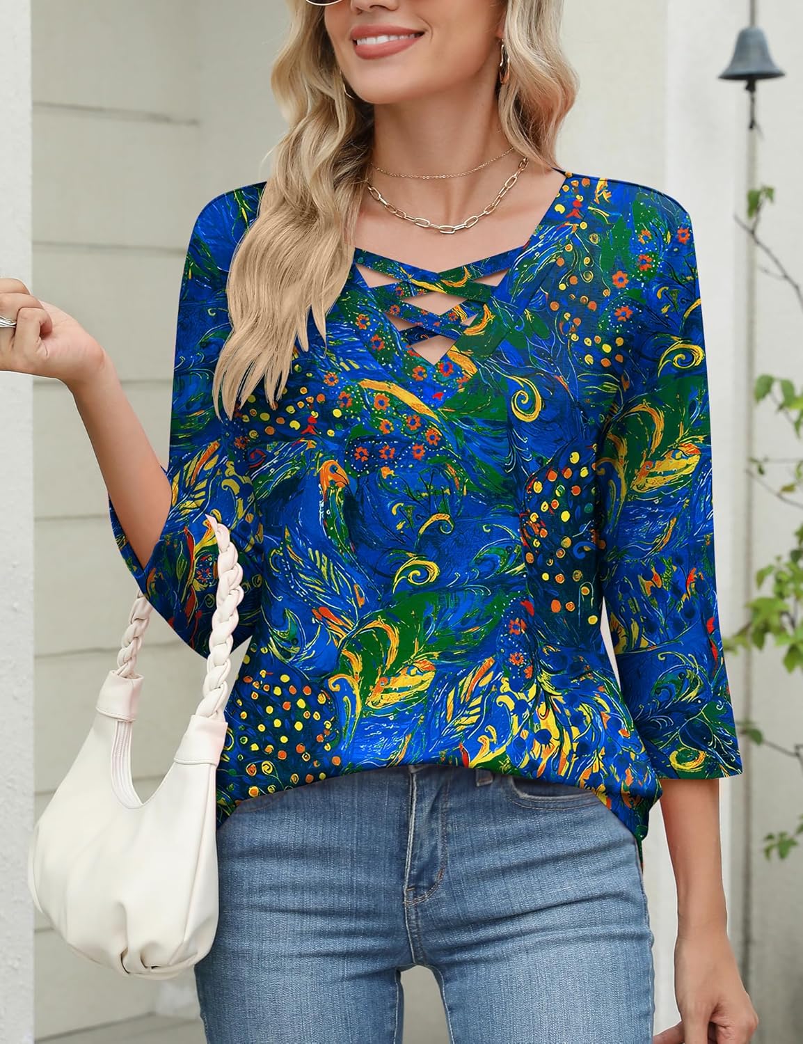 Rapbin Women Blouses Dressy Casual Spring Tops 3/4 Length Sleeve Womens T Shirts V Neck Criss Cross Tees - Image 5