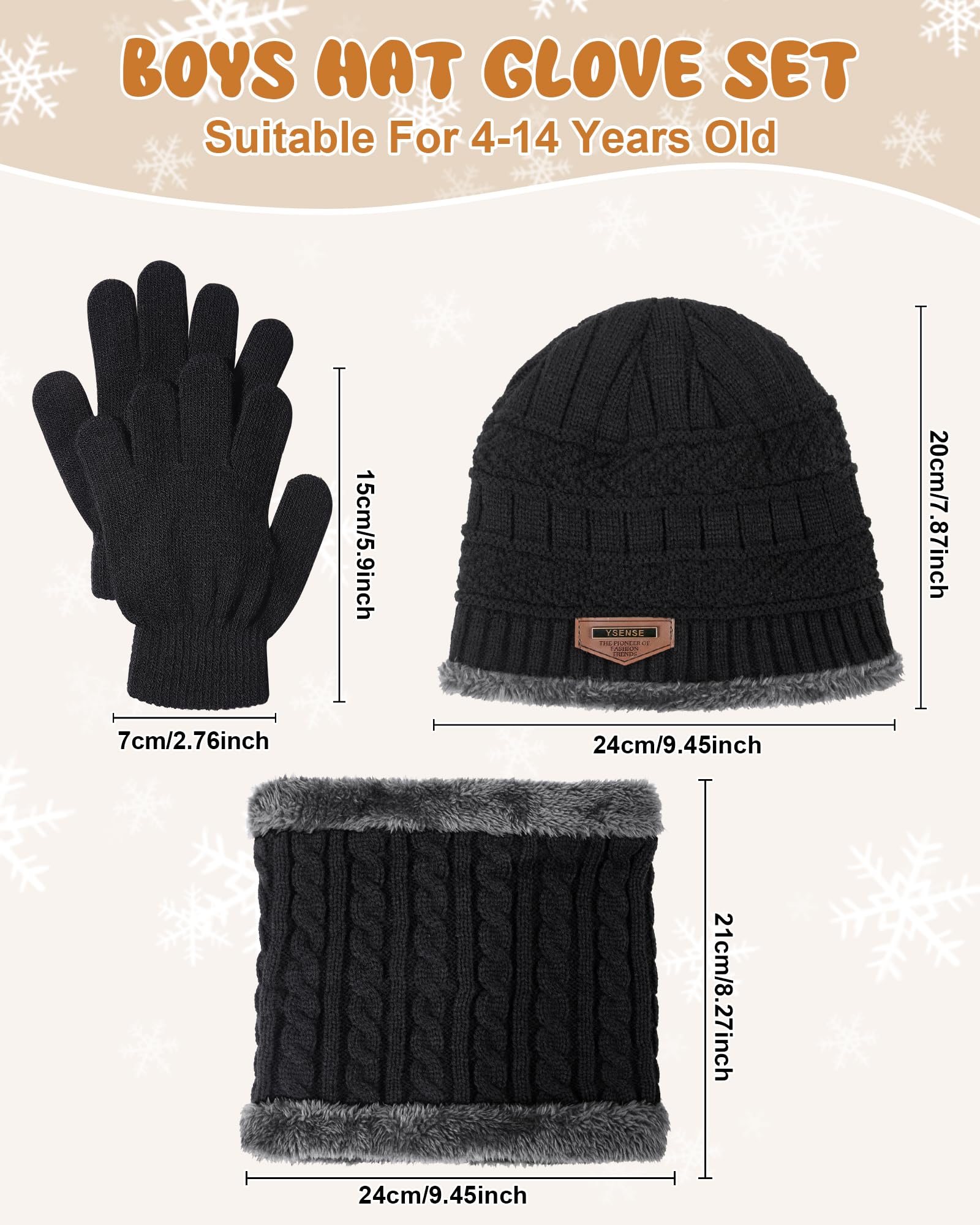 3 Pcs Boys Girls Winter Beanie Hat Scarf Gloves Set Thick Knitted Warm Toddler Winter Hat Mittens Neck Warmer for Kids, Black, Large 1