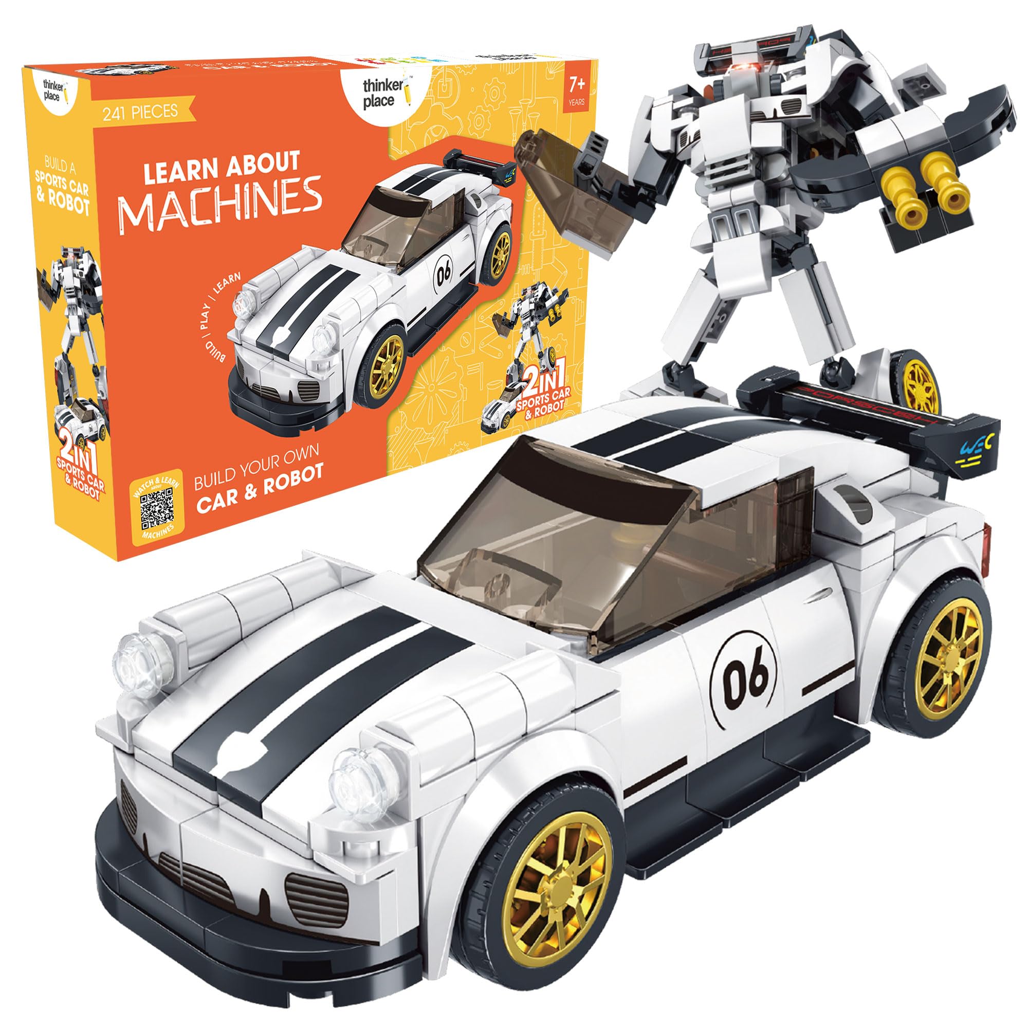 ThinkerPlace Premium Pearl White 2-in-1 Robot & Sports Car (241 Pieces) | Learn About Machines | Building Block Set for Kids Age 6+ | STEM Educational Toy | Build, Play & Learn-image-1