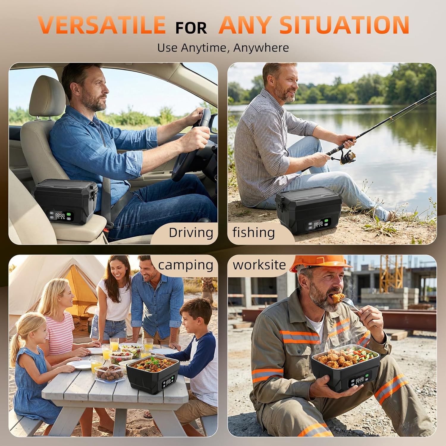 100W Cordless Heated Lunch Box, 45W Fast Charging＆22000mAh Rechargeable Electric Lunch Box for Adults - 6.5 Cups Portable Food Warmer with 24H Scheduled Heating, for Work, Office, Outdoor(Black)