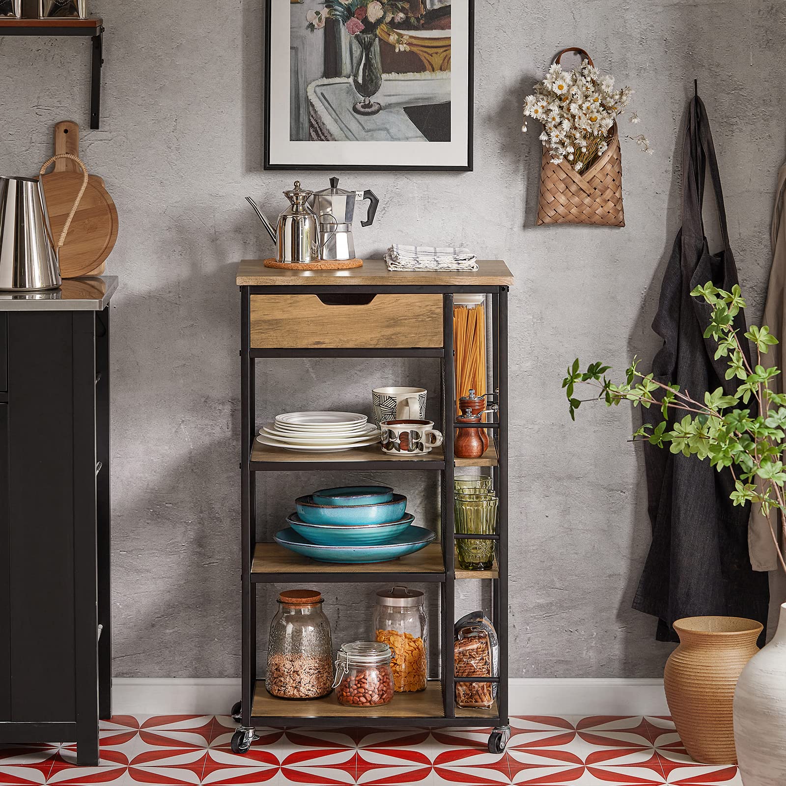 SoBuy Carrito Auxiliar con Ruedas, Carrito Cocina con 1 Cajón 3 Estantes y Estantes Laterales, Mueble Auxiliar de Cocina, Carro Herramientas Estilo Vintage 50 x 37 x 87 cm FKW99-N