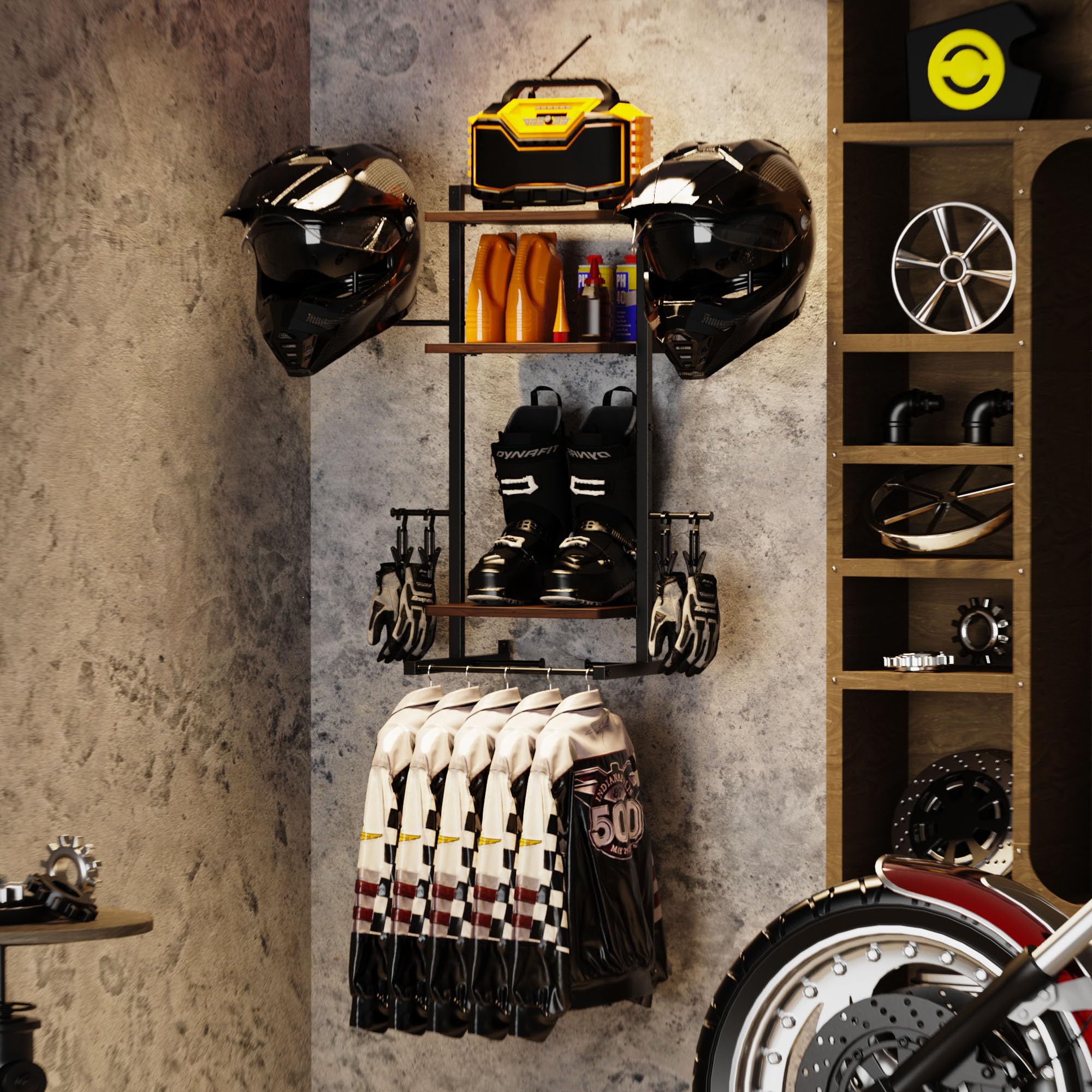 3-in-1 Wandhalter für Helm, Retro-Motorradhelm-Halter und Jackenhalter mit 3-Ebenen-Regal, Helmaufhänger zum Aufbewahren von Motorradzubehör