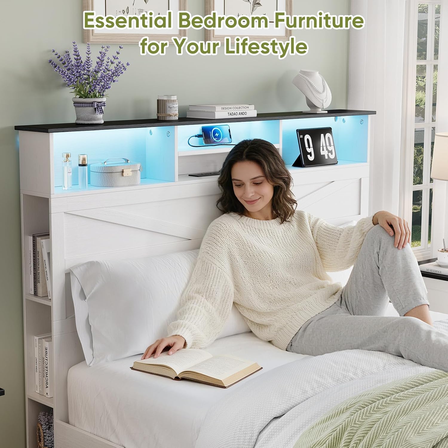 Farmhouse Full Size Bed Frame with 51" Tall Storage Headboard, 3-Tier Bookcase on Both Sides, Wooden Full Bed Frame with Charging Station and LED Lights, Noise Free, No Box Spring Needed, White