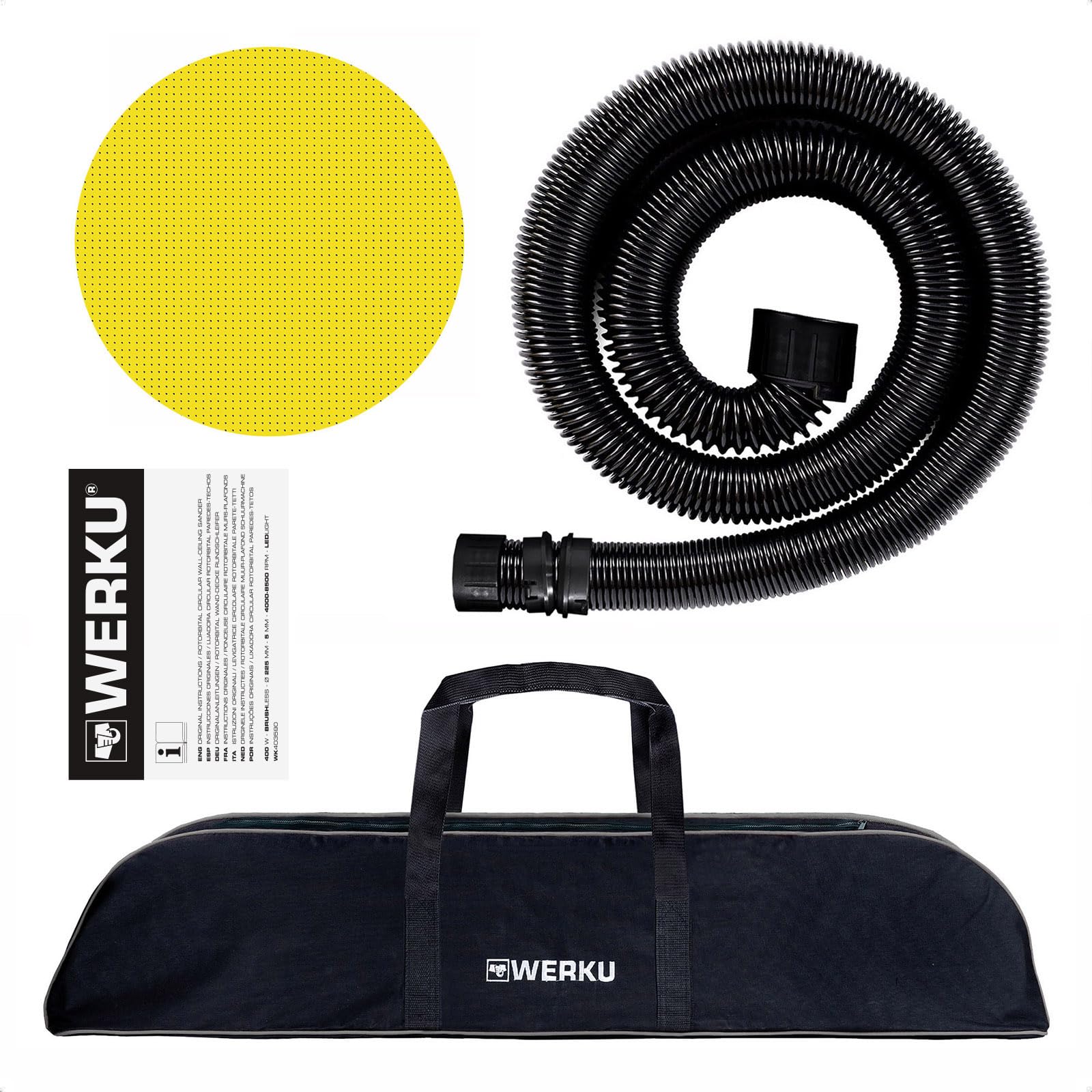 Werku WK403590, Lijadora Circular Rotorbital Paredes-Techos, Calidad Profesional, Potencia 400 W, Disco 225 mm, Órbita 5 mm, Sistema Luz LED Visión, Incluye Disco Lijado y Manguera