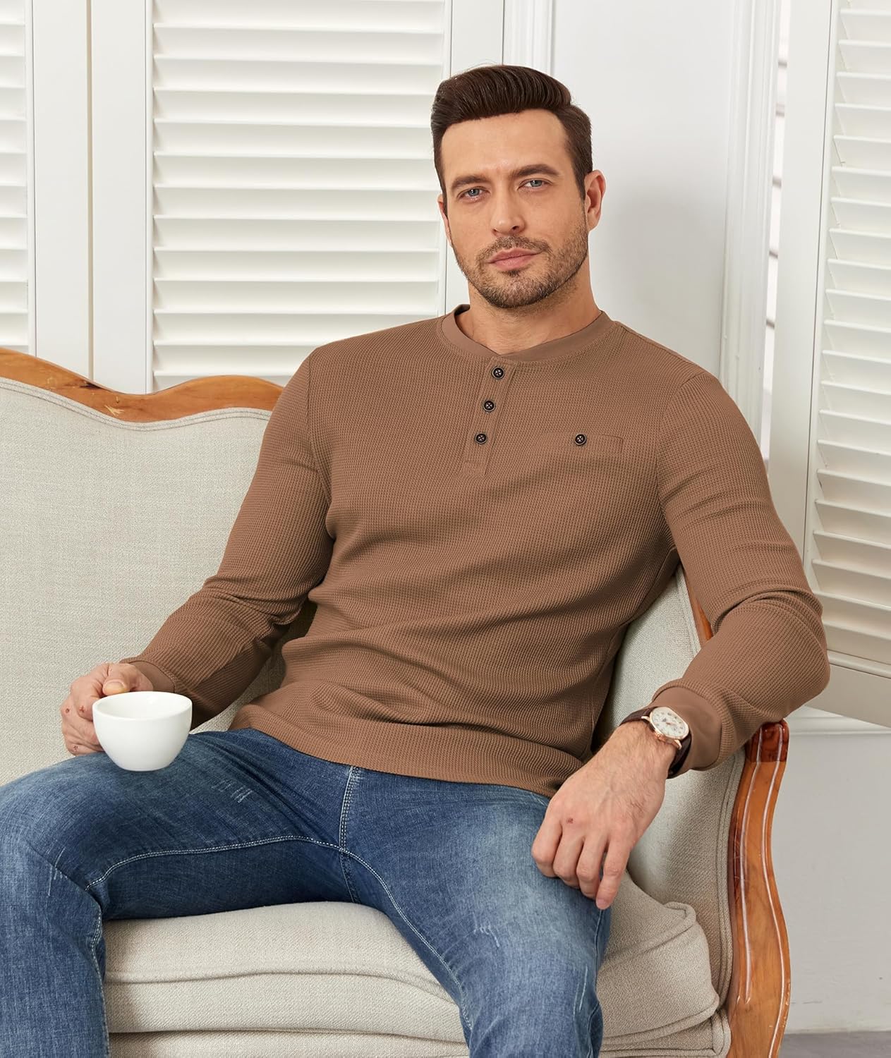 PRIVIMIX Mens Waffle Henley Long Sleeve Cotton Casual T-Shirt Fashion Three Button Pullover with Pocket - Image 3
