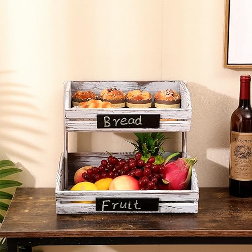 Miniatura 3 de Cesta de frutas colgante de almacenamiento para cocina, organizador de madera de 2 niveles, soporte pastoral clásico para cocina, oficina, comedor y